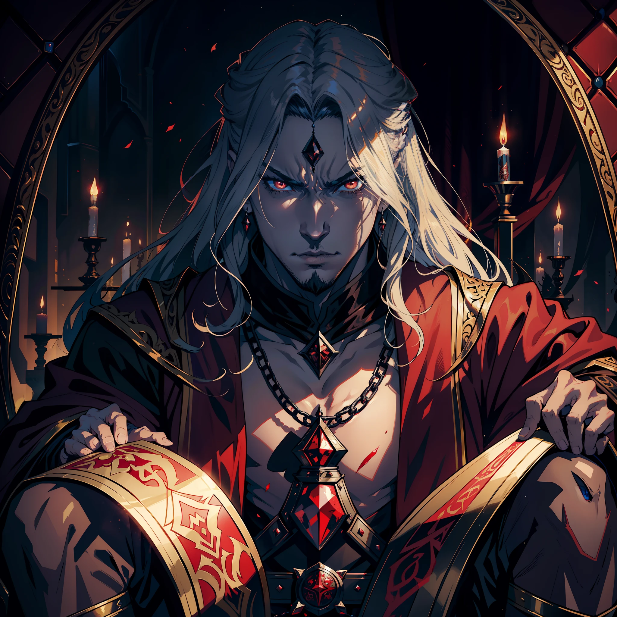 Castlevania Lord of Shadows Muscle Beautiful Red Bright Eyes Islamic Crystal Hyper Realistic Super Detailed Scary Lord Dracula Hyper Realistic Super Detailed Faces Portrait sitting on his big throne with his legendary Moroccan princesses next to him Read large scrolls with a red expression of anger bright eyes hyper realistic face portrait super detailed portrait Dynamic shot centerpiece movie Epic Legendary hokuto no ken movie style