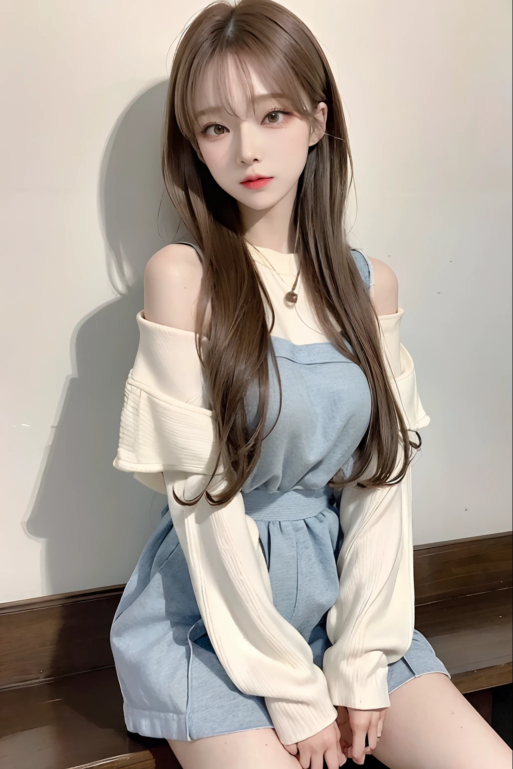 Top image quality、Raw photography、超A high resolution、An 18-year-old woman、Shooting for one person only、modelshoot、Autumn outfit、Fashionable clothes、Beautiful Eyes of Details、student clothes、very elongated eyes、Beautiful eyelashes、Beautiful double eyelids、very slender legs、Shorthair with light brown hair、very slender physique、Gray walls