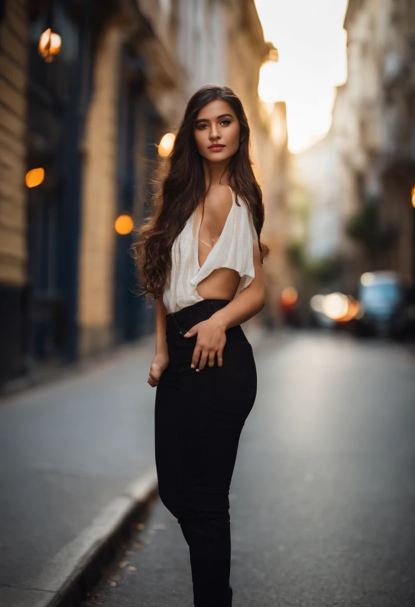 1 acian girl, long hair, city street, dark light, single focus, movie light,  (Canon EOS 5D Mark IV Camera, Famous for capturing vibrant colors and rich textures:1.2), full body