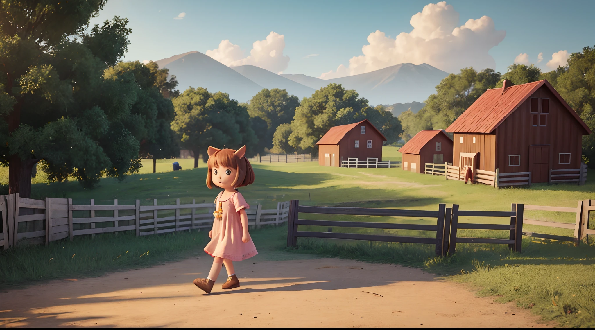 a little girl walking in front of a wooden farm fence, animals in the background, 3D drawing style, high definition, cinematic lighting.