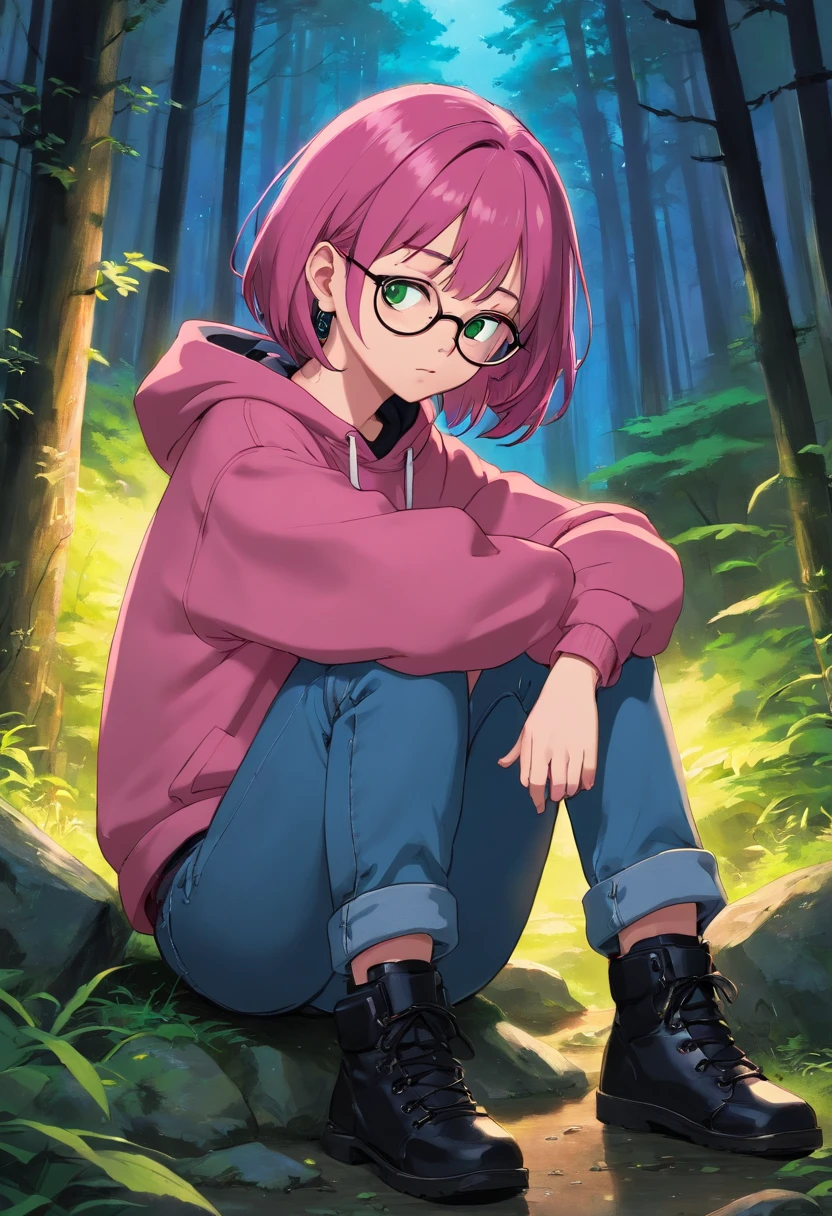 (masterpiece, best quality: 1.2), midnight, forest, dark pink hair, green eyes, pink hoodie, blue jeans, short hair, black eye_glasses, black boots, pale_skin, sleepy, black_earrings, choker, alone, bracelets, 1girl, depressed
