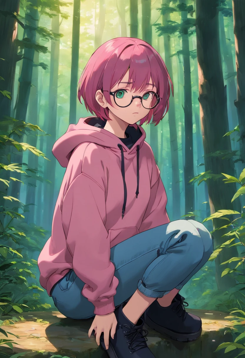 (masterpiece, best quality: 1.2), midnight, forest, dark pink hair, green eyes, pink hoodie, blue jeans, short hair, black eye_glasses, black boots, pale_skin, sleepy, black_earrings, choker, alone, bracelets, 1girl, depressed