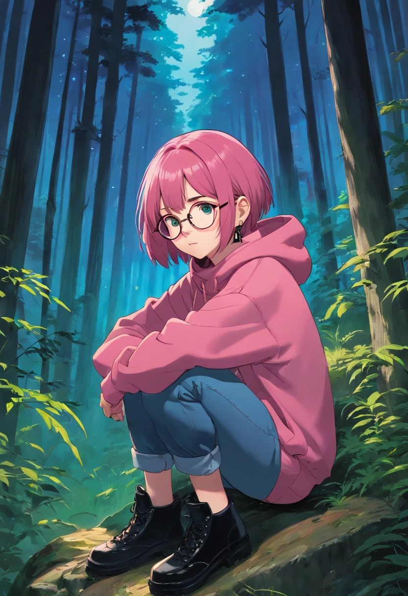 (masterpiece, best quality: 1.2), midnight, forest, dark pink hair, green eyes, pink hoodie, blue jeans, short hair, black eye_glasses, black boots, pale_skin, sleepy, black_earrings, choker, alone, bracelets, 1girl, depressed