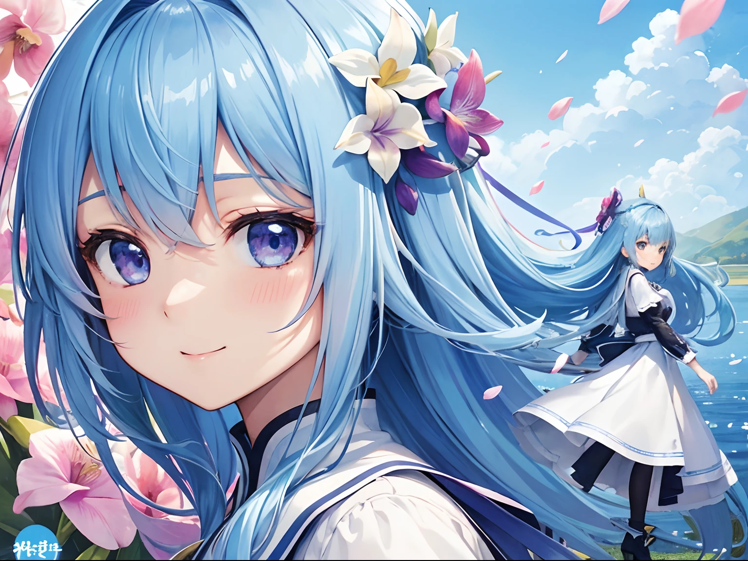(hight resolution、ultra-detailliert、nffsw、movie)、独奏、1girl in、Happiness、girl standing in a flower field、Girl around the petals、A charming smile、full body Esbian、Long-haired girl with blue hair、lightblue hair、facing front、Fantasia、The surface of the water soars、Official art、pop-art、profile、hyperdetailed face、ultradetailed eyes、Orchid Flower Garden、Ultra Detailed Fields、White blue sky、 shuicolor、blanche、Nebulae in the sky、watercolor paiting、PastelColors