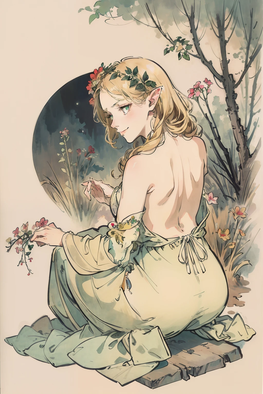 SFW,masutepiece, Best Quality, High resolution, 1girl in, Full body, Details Girl, detail hands, Detail fingers, Detail Face, detail legs, 1girl in, elf, Looking down, Flower Garden, Black sky, smog, watercolor paiting, pale skin, Petite, Blonde hair, Long hair, Wavy Hair, saddened, mournful smile, Green eyes, tareme, medium breasts, white sundress, Bare back, Kneeling, Planting trees