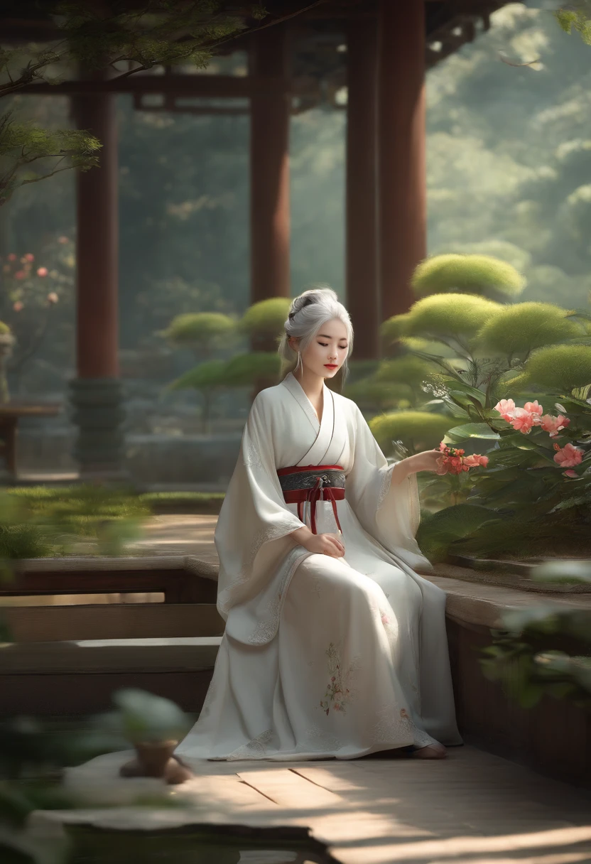 Two-dimensional, Ancient style, Spring Garden, En plein air, White hair, Hanfu, Nature, There is a pond in the middle of the courtyard, Begonia floating on a pond, Girl sitting on a bench in the hallway, Wear a transparent feather robe, Holding a bamboo flute, Random body posture, Intricate details, Best quality, Ray tracing, rendering, 8K, Masterpiece