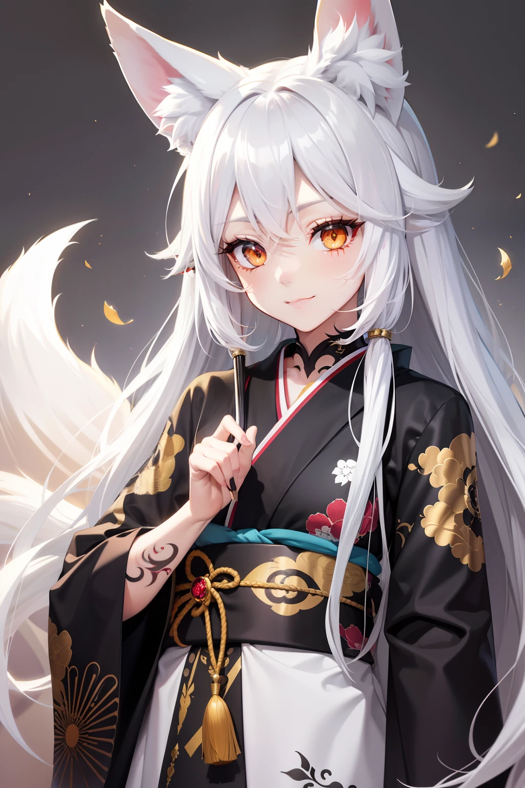 Adult Woman, long white hair, Fox ears, fox tails, Golden Eyes, black and white eyes, Kimono, ssmile, masutepiece, hiquality、Tattoos on the face、gazing at viewer、full body Esbian