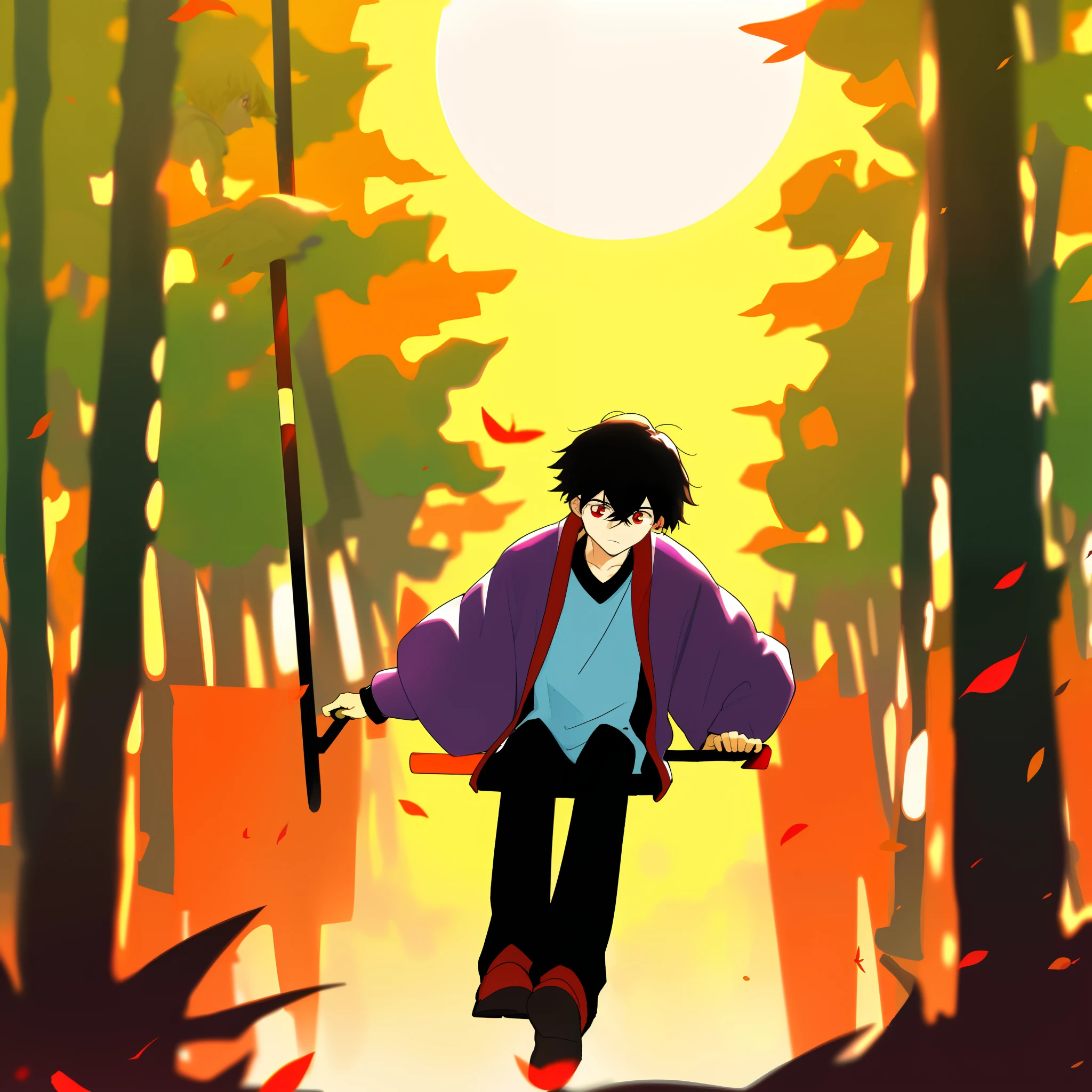 A lonely and sad man, he swings on a swing to face the setting sun, black hair fluttering, red eyes shining, dressed in a purple jacket with long black pants. He was the only one around. The perspective is directly ahead, the ground is covered with falling maple leaves, sitting on the swing