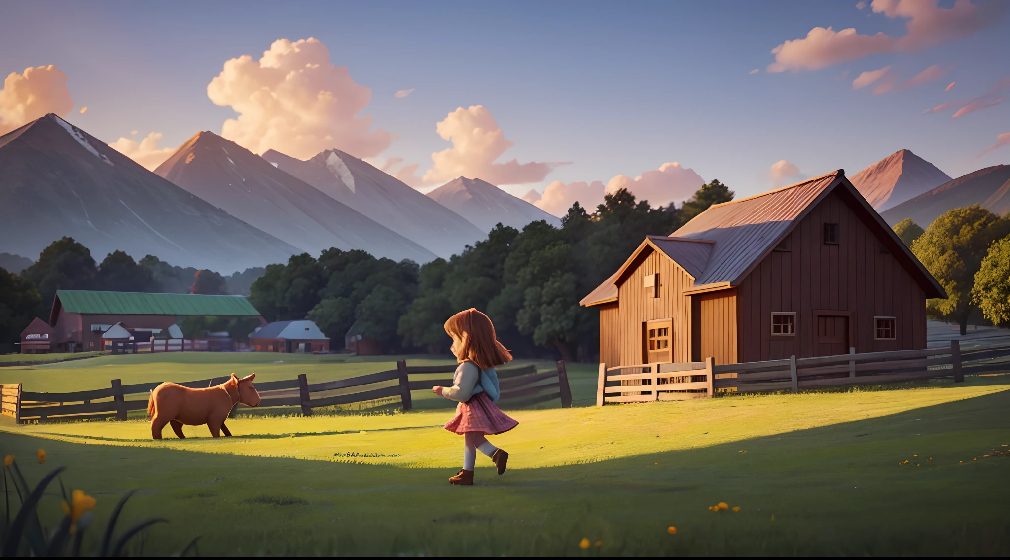 a  girl walking in front of a wooden farm fence, animals in the background, 3D drawing style, high definition, cinematic lighting.