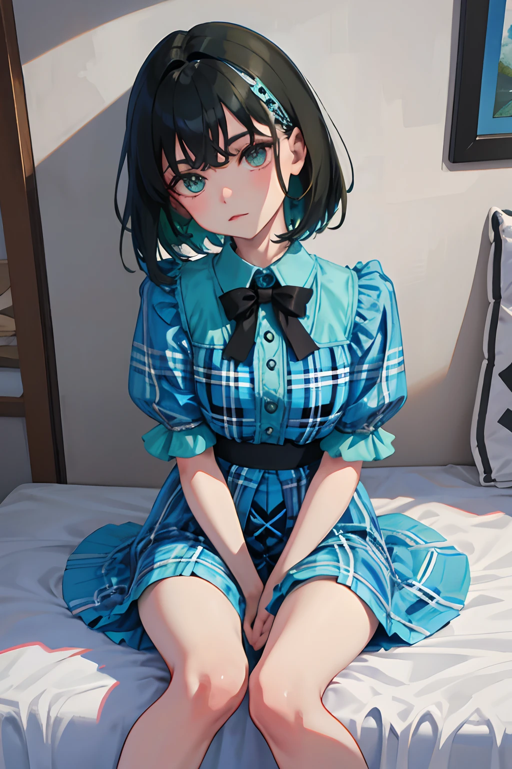 hand between legs,child,(masterpiece,Highest Quality),shortsleeves,Blue-green goth spank,Burberry Plaid,Sleepy face,A dark-haired