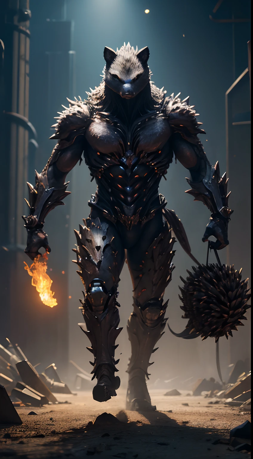 Iron creature, Hedgehog parts, Full body, femele、Animal anthropomorphism, Realistic Digital, Humanoid, Abstract background, Global Illumination, Convoluted, epicd, Dramatic, masutepiece, high detailing, Best Quality, 超A high resolution、Horror movie lighting