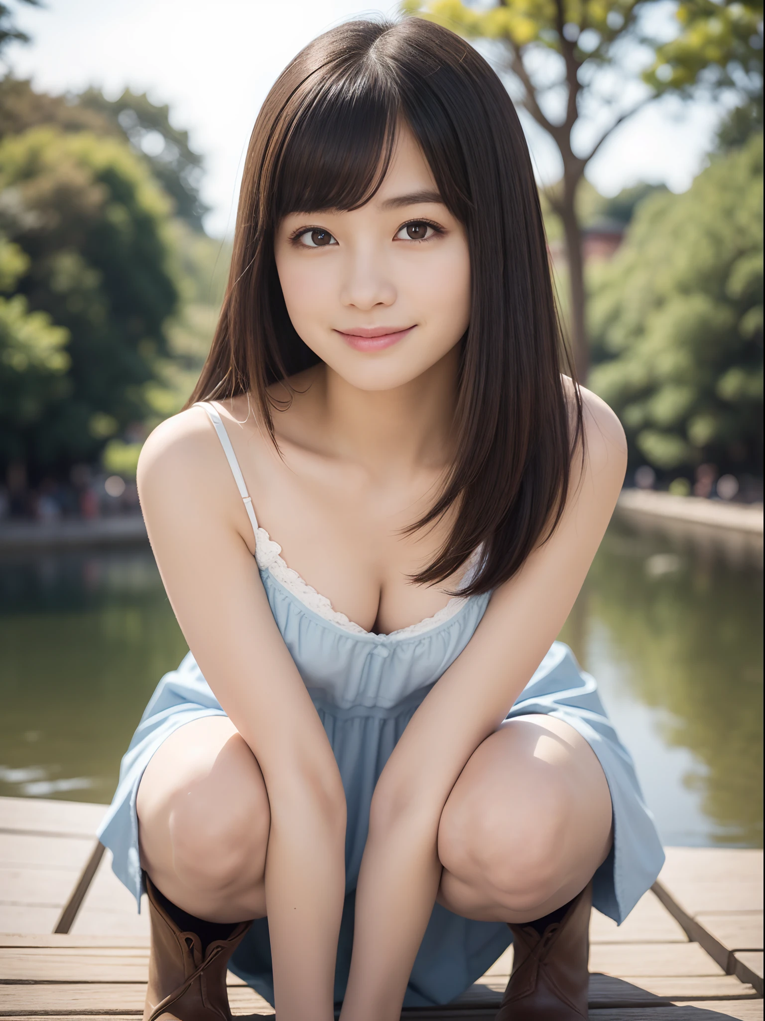 8K,Japanese,,innocent face,teenage girl,cute,summer clothes,everyday wear,sitting,flower garden,black hair,ribbon、big breasts、Expose&#39;chest of、big nipples、nipples are pink、