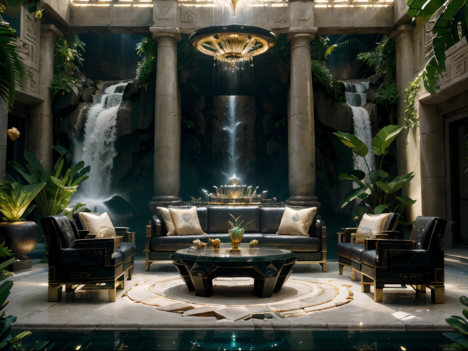 incredible luxurious futuristic interior garden in Ancient Vietnamese style with many ((lush plants)) (lotus flowers), ((palm trees)), rocky walls, (sand), ((amazing waterfalls)), (marble), ((precious minerals)), ((metals)), (gemstones), crystals, clouds and ((water)), futuristic luxury furniture, crocodiles, ((hieroglyphics)), (((ultra luxury))), (black marble) – with ((beautiful lights)), Unreal Engine, HQ, 16k