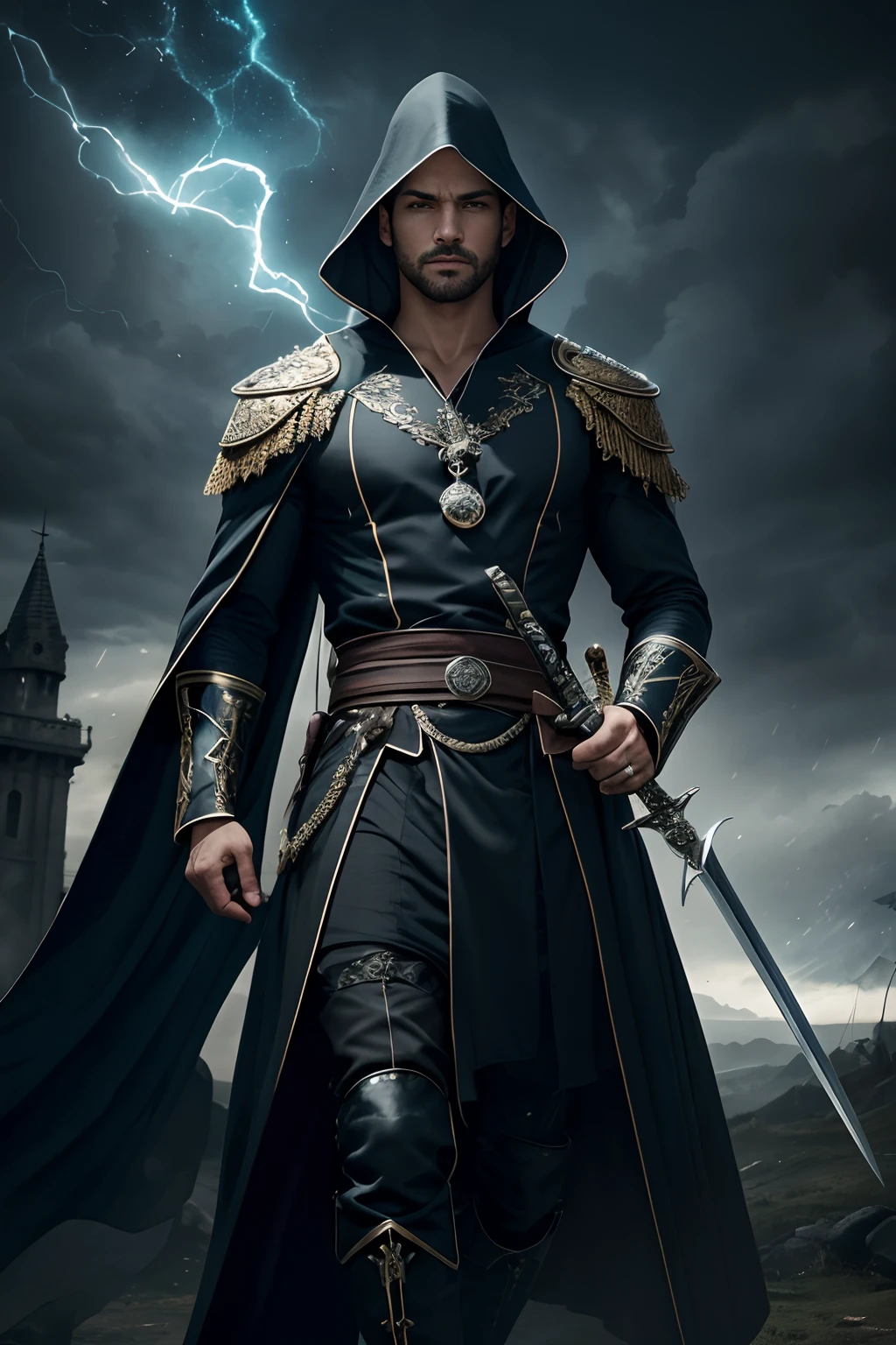 (um bruxo masculino vitorioso,collecting the swords of defeated opponents, two swords in hand and three on the ground, ominous clouds in the sky)oil painting,atmosfera escura,magical realm,assistente detalhado,d&Estilo D,Bathrobes with intricate patterns,wizard hat,Shimmering magical aura,Espadas Quebradas,paisagem sombria,tempo tempestuoso,dramatic lighting,sinister background music,impressive 8K resolution,vivid colors,foco nítido,Realistic details,Sombras profundas,mysterious mist,spell book,bola de cristal,Floresta encantada,atmosfera assombrosa,tempestade sinistra se formando,Sense of danger,The wizard's stern expression,intense concentration,Enchanting scenery,ethereal glow,magia negra,crackling of energy in the air,marcas de batalha ferozes,Wisps de magia escapando,subtle magical symbols,assombrosamente bela,Cena majestosa