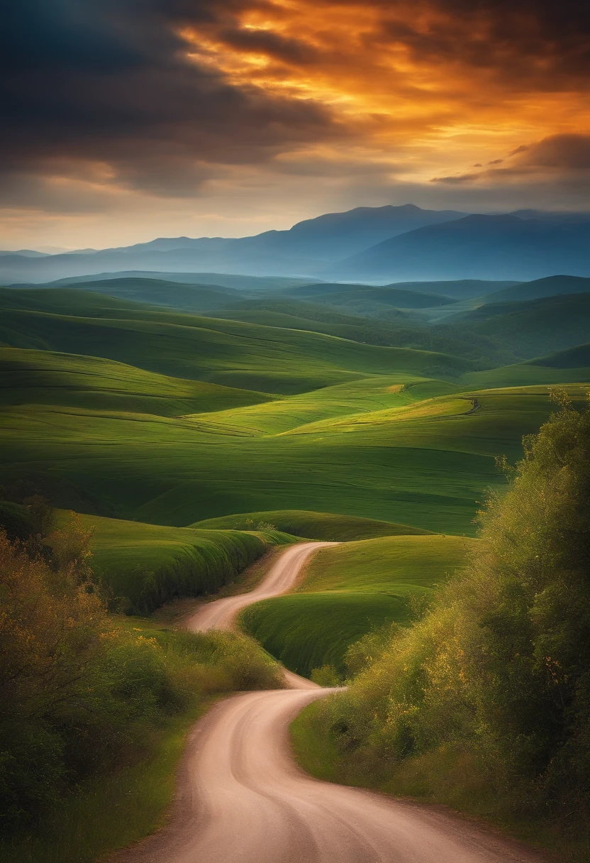 a winding road leading to a stunning landscape on the horizon, representing the journey of self-discovery and transformation required to manifest our desires.