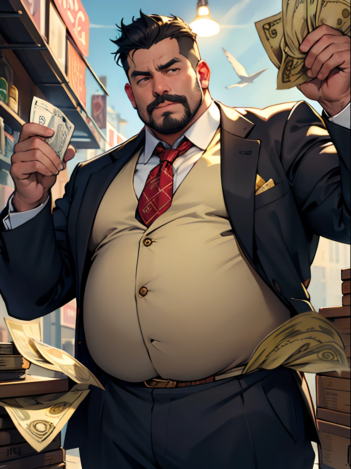 ​masterpiece,top-quality,Day Trader Man,The man who made a lot of money overnight,Fat,Fat Man,A dark-haired,Short legend,mustache,Lunette de soleil,I have a big stomach,Face is large,Guts Pose,show the grinps,Sweating,Flying banknotes,Flying Coins,Gold and silver treasures,spot light,