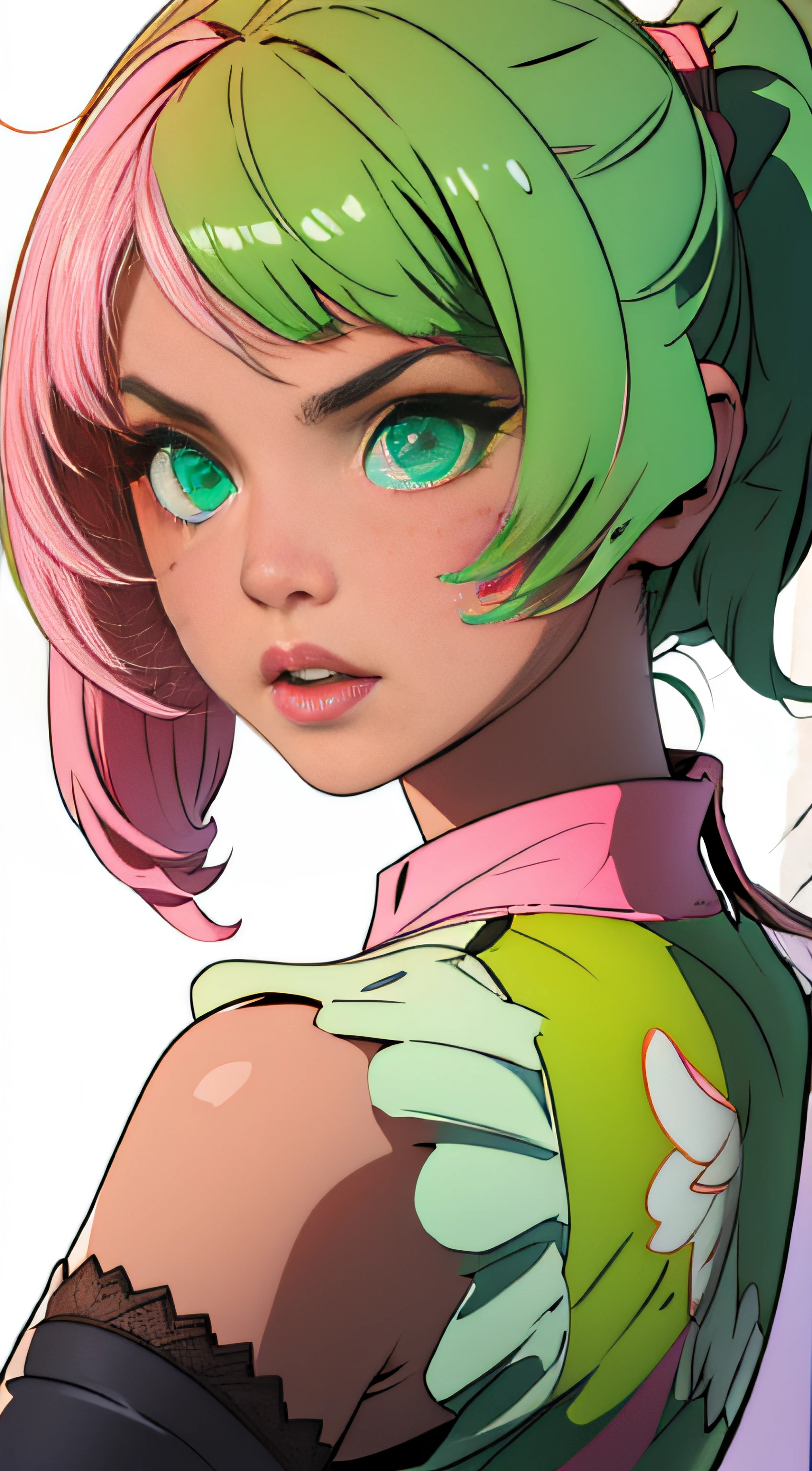Alisa Rosto bonito, Perfect green symmetrical eyes, cabelo curto rosa multicor, mechanical wings, tekken