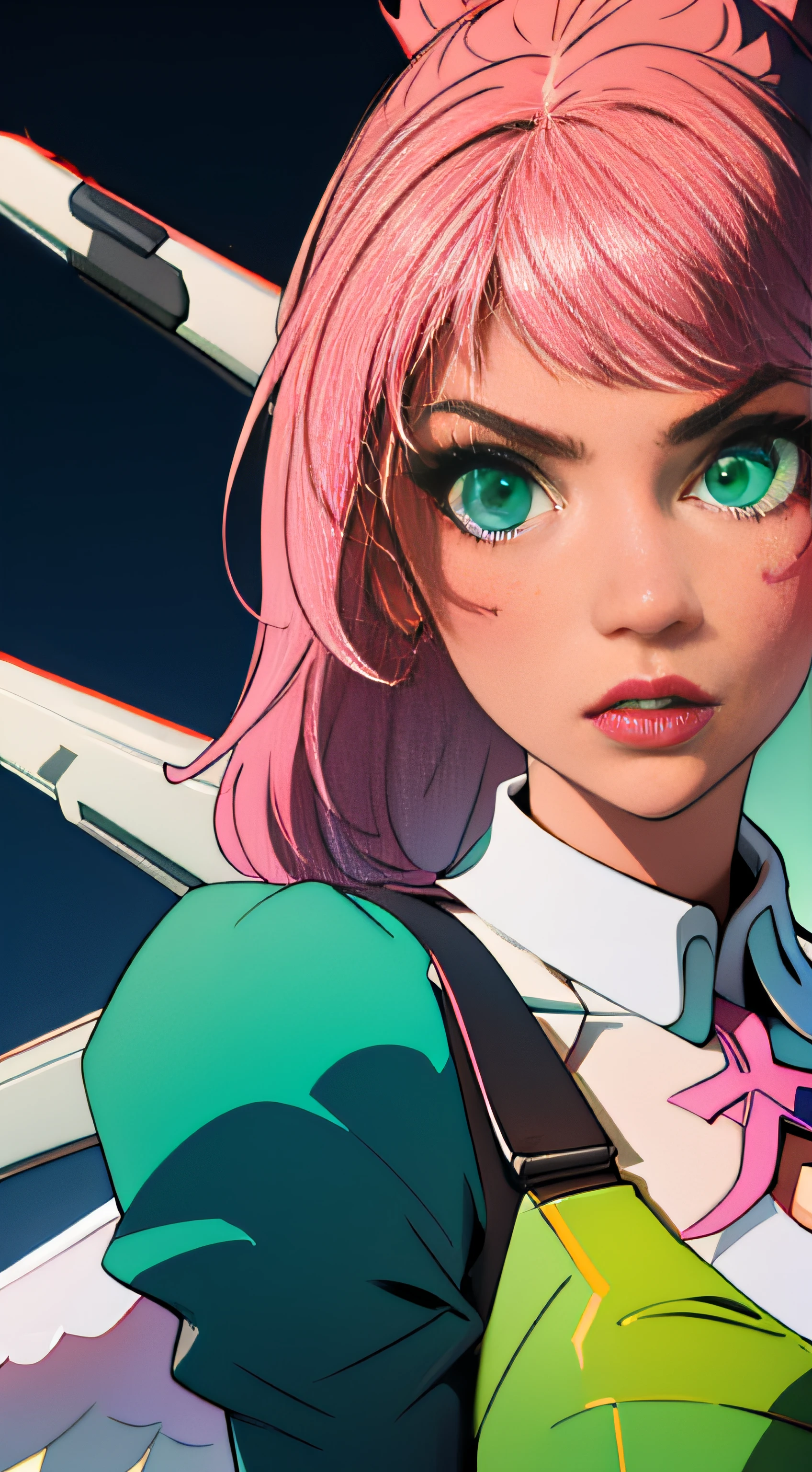 Alisa Rosto bonito, Perfect green symmetrical eyes, cabelo curto rosa multicor, mechanical wings, tekken
