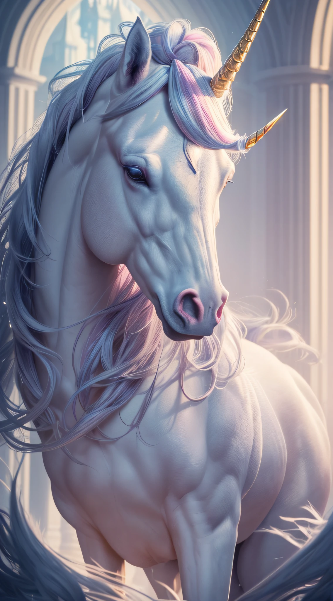 unicorn,government-controlled environment,illustration,(best quality,4k,8k,highres,masterpiece:1.2),ultra-detailed,(realistic,photorealistic,photo-realistic:1.37),fantasy,mythical creature,gorgeous coat,sharp horn,serene expression,fairytale,soft pastel colors,dreamlike lighting