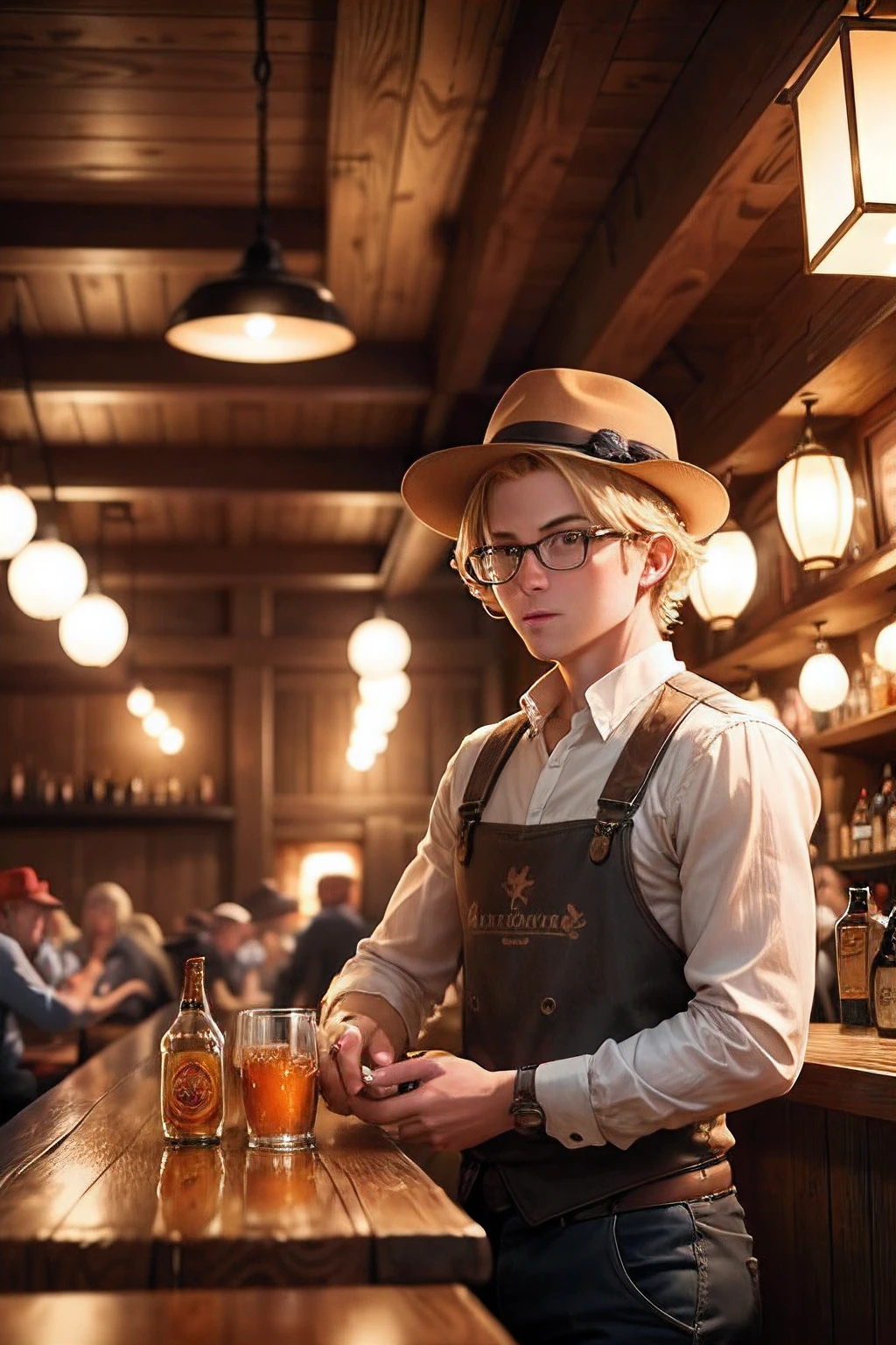 A boy with blond hair, a hand with a fireball, a funny hat, and a tavern. (best quality, highres), detailed facial features, vibrant colors, realistic lighting, fireball in mid-air, lively atmosphere, wooden interior, hanging lanterns, people drinking and chatting, bar counter, bar stools, rustic furniture, polished wooden floors, mugs of ale, a fireplace, shelves with bottles and glasses, quirky signs, friendly bartenders, smoky ambiance, warm and cozy feeling.