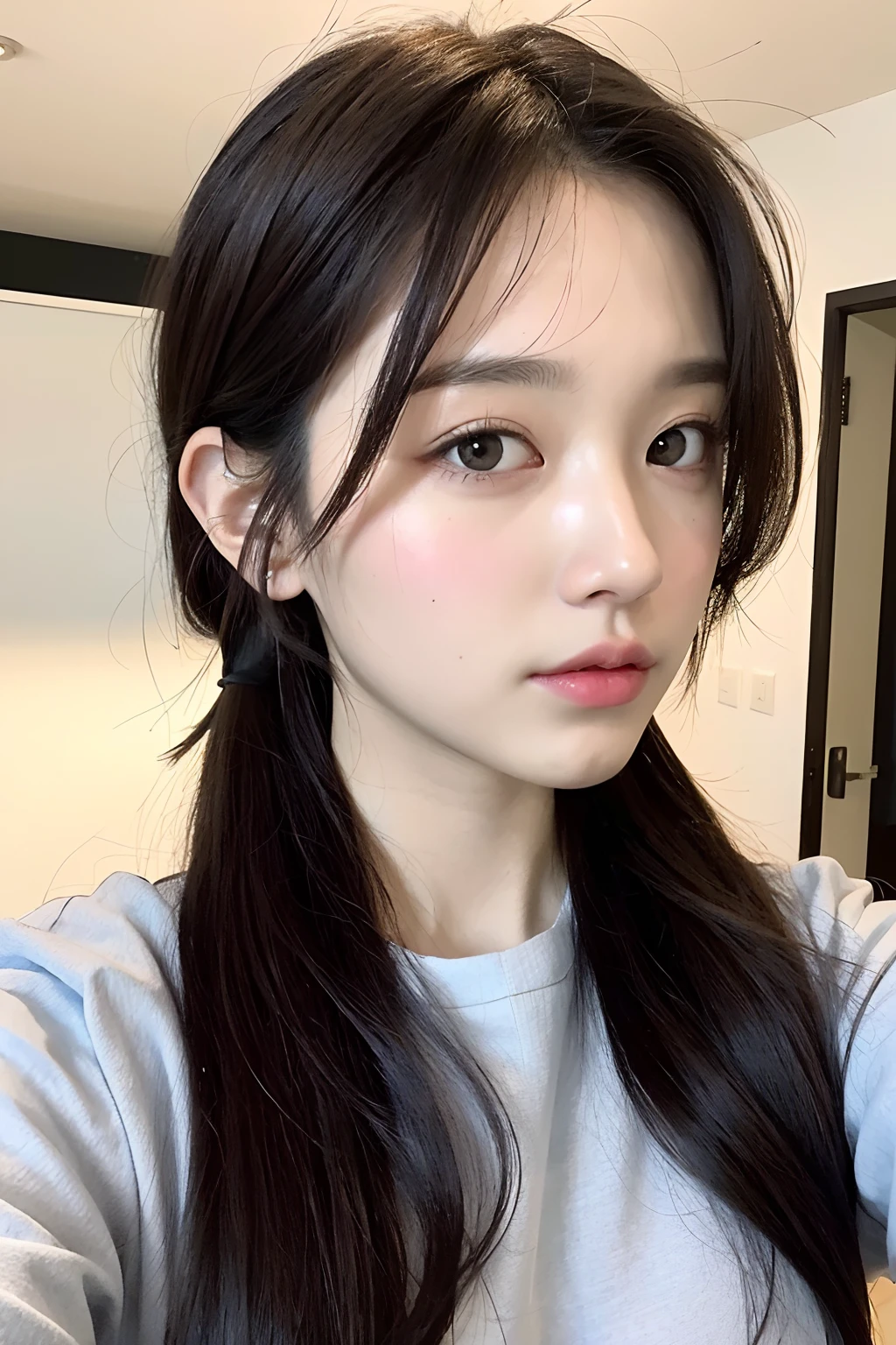 ((Best quality, 8k, Masterpiece :1.3)), 1girl,(random hairstyles), Casual outfit :1.2, (random selfie), Ultra-detailed face, Detailed eyes, Double eyelid, doe-eyed, aesthetic pose