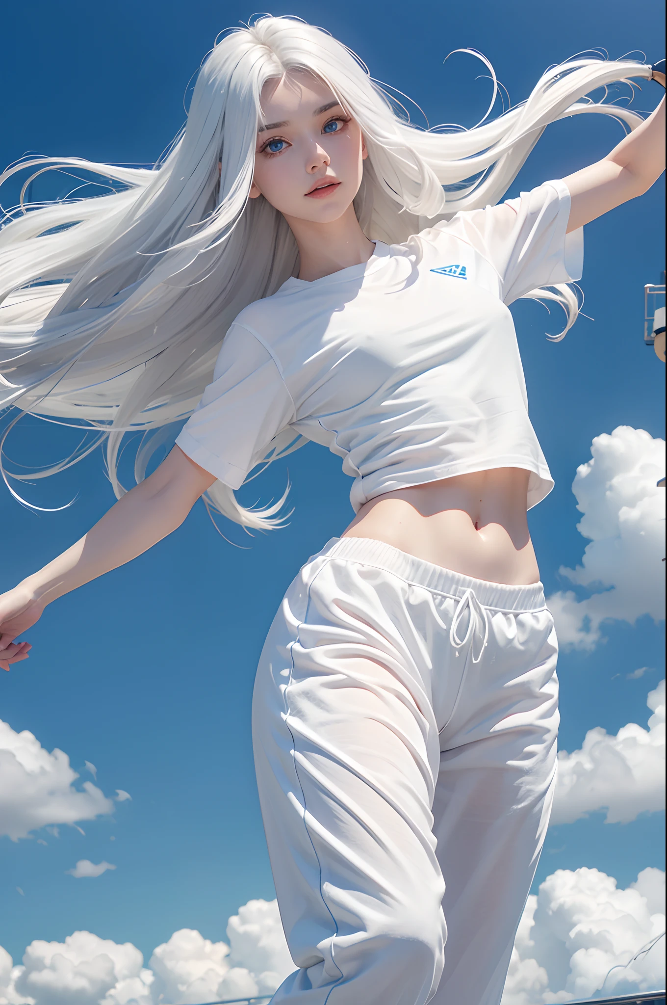 Transparent background，transparent background，Long flowing hair，White hair，Sports tops，Sweatpants，eBlue eyes，gleeful，