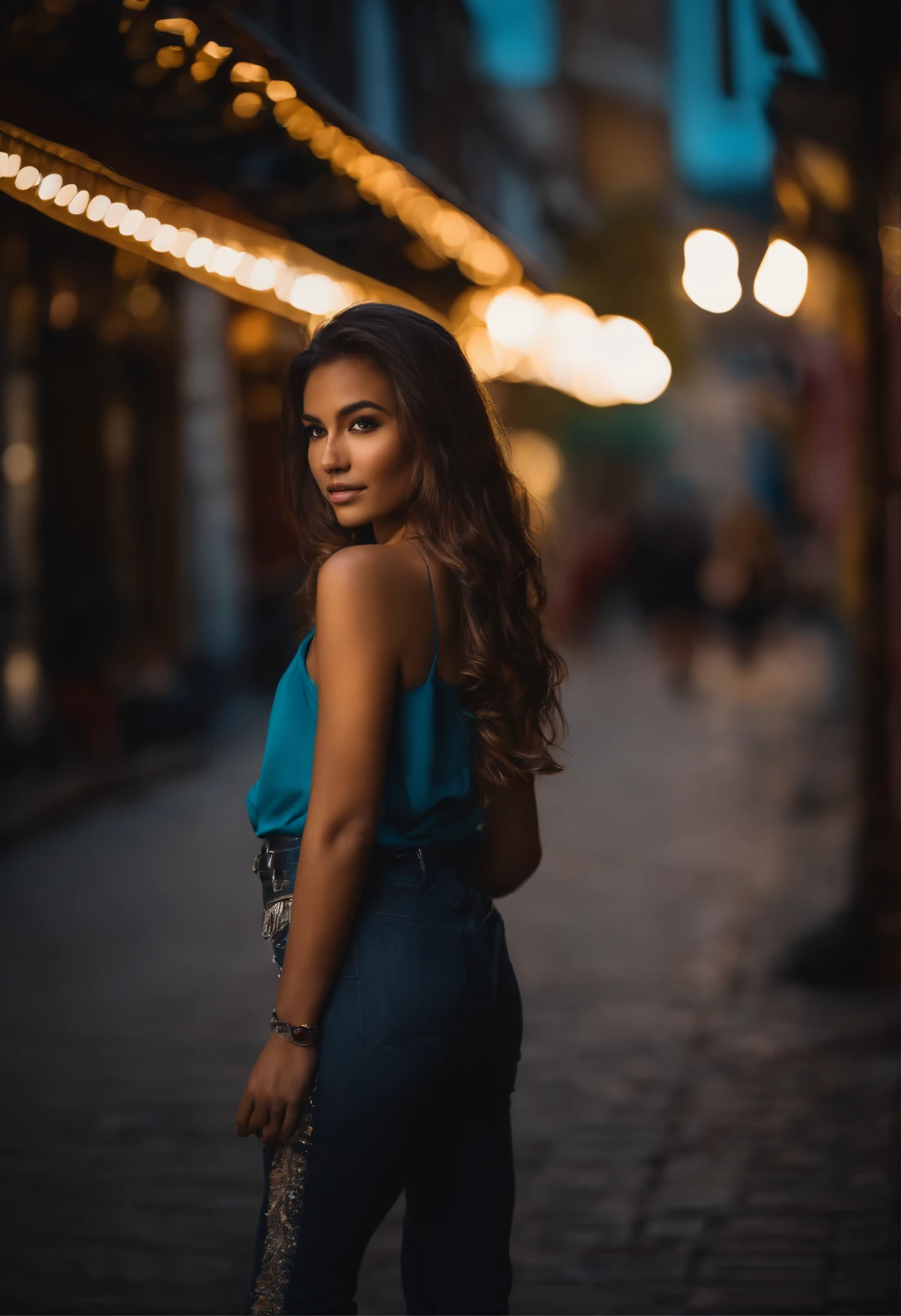 1 acian girl, long hair, city street, dark light, single focus, movie light, (Canon EOS 5D Mark IV Camera, Famous for capturing vibrant colors and rich textures:1.2), full body