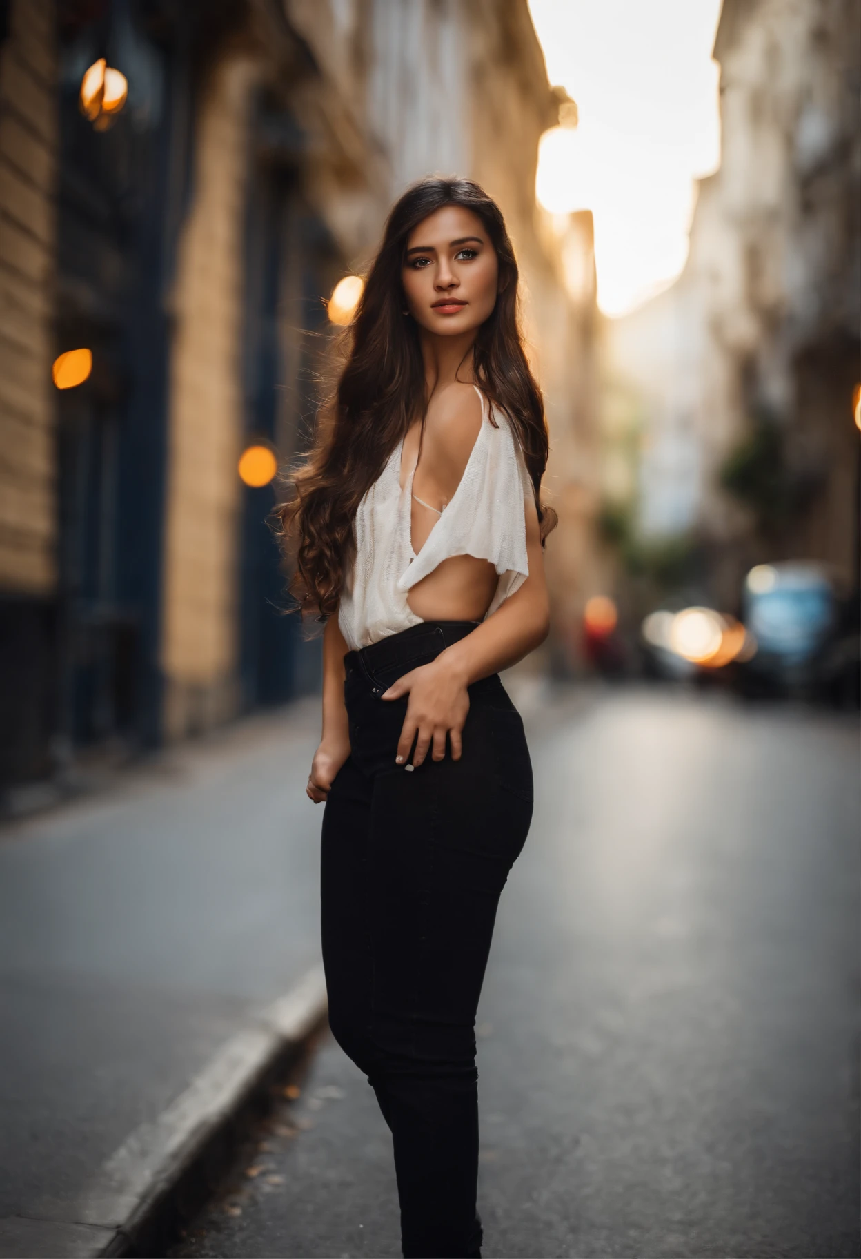 1 acian girl, long hair, city street, dark light, single focus, movie light, (Canon EOS 5D Mark IV Camera, Famous for capturing vibrant colors and rich textures:1.2), full body