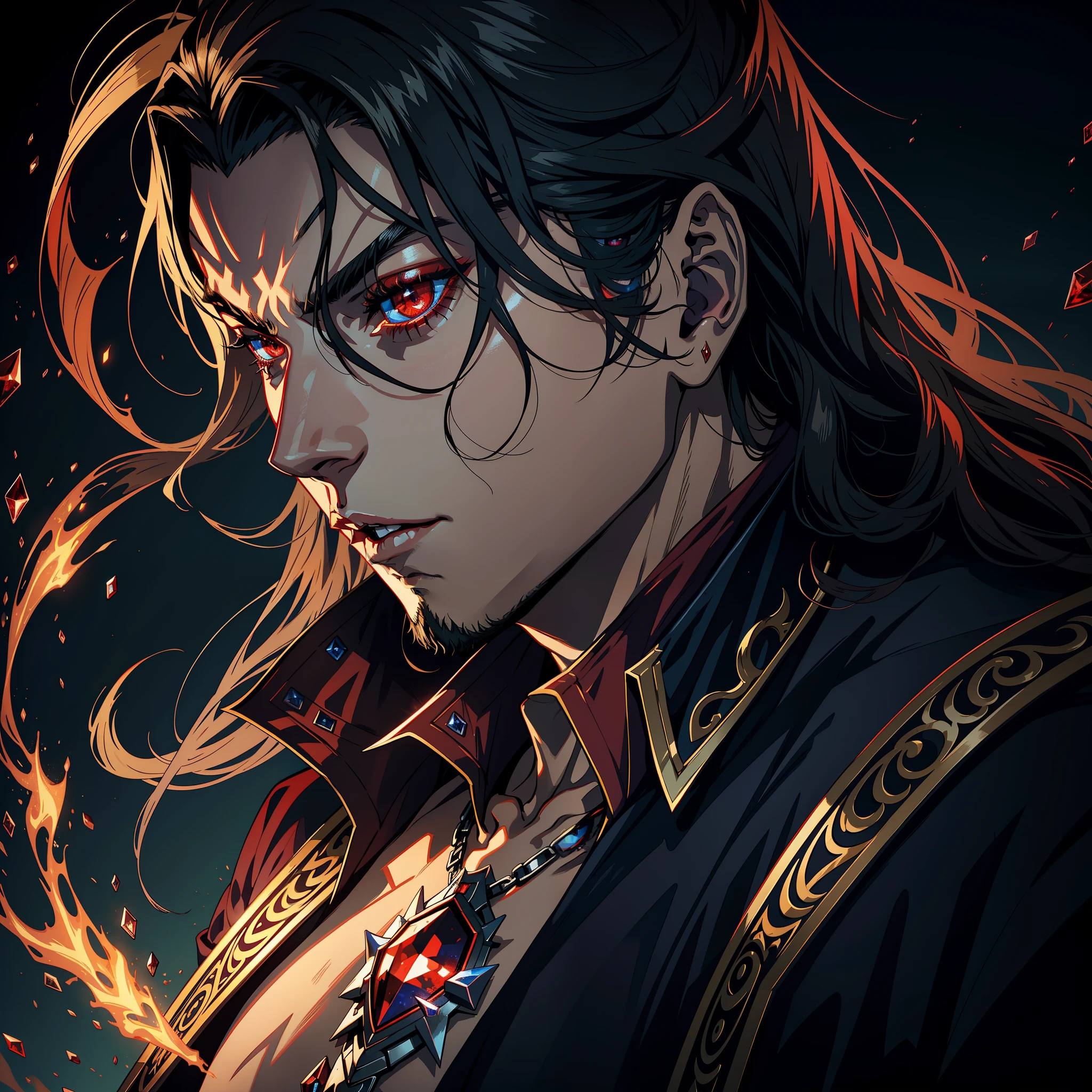 Castlevania Lord of the shadows hyper realistic super detailed face portrait of Handsome muscular lord dracula fierce look eyes crystal red bright glowing handsome face portrait