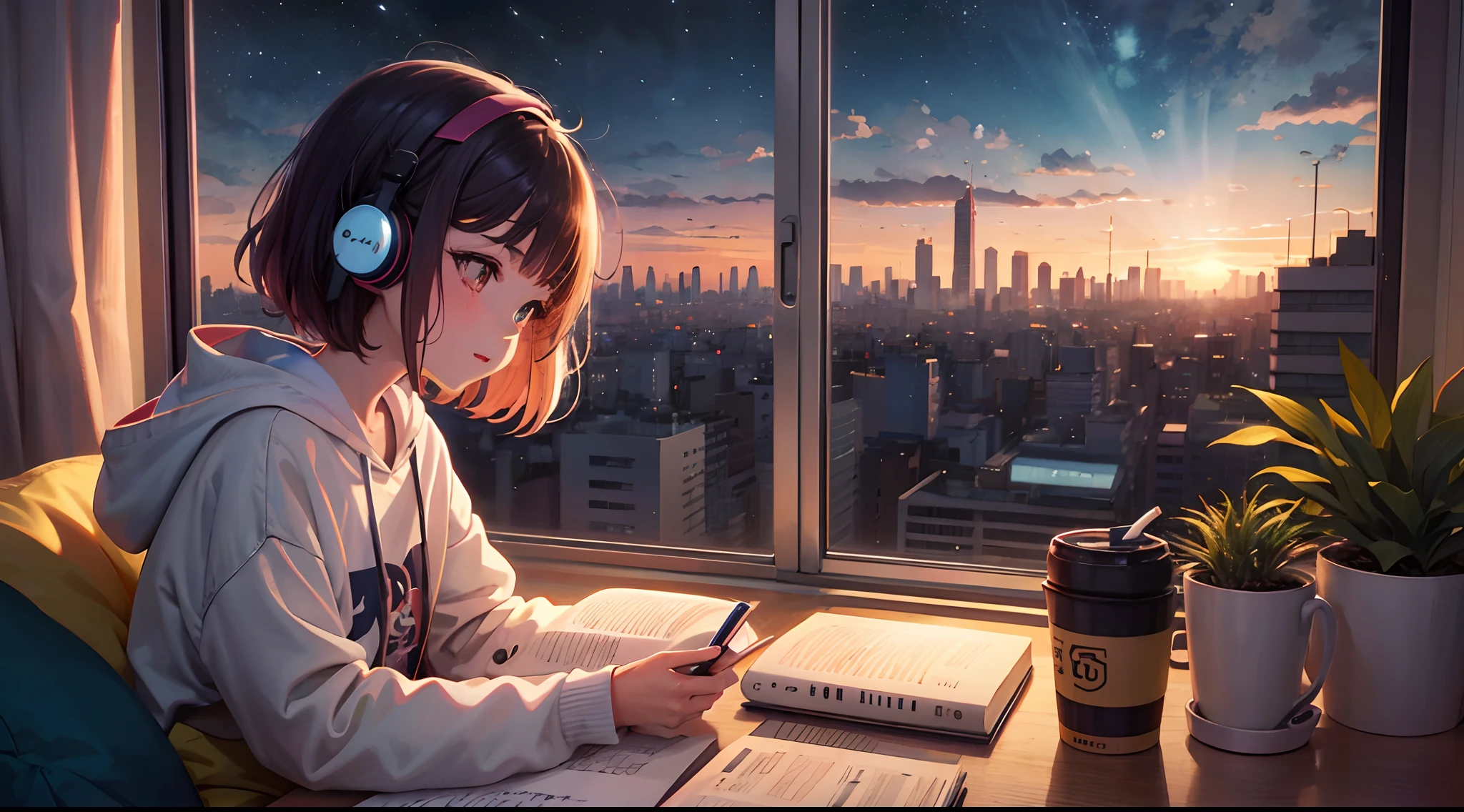 Menina anime sentada em uma mesa com um livro e fones de ouvido, Anime Art Wallpaper 4K, Anime Art Wallpaper 4K, estilo anime 4K, Anime Art Wallpaper 8K, menina lofi, Papel de parede anime 4k, Anime Wallpaper 4k, 4k anime wallpapers, anime girl desktop background, 4 k manga wallpaper, anime vibes, watching the sun set. anime