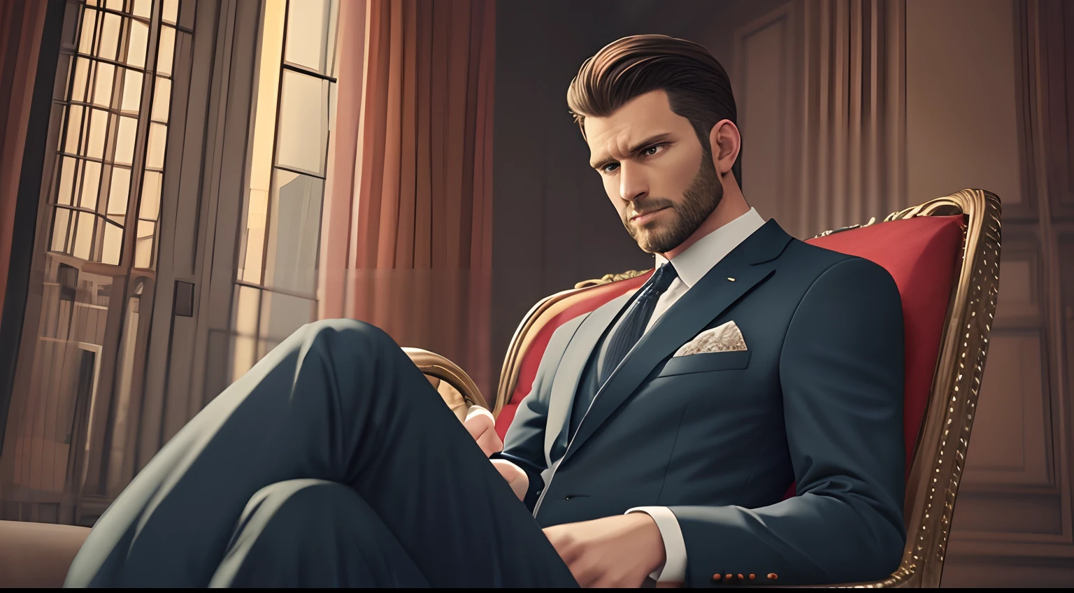 Draw, A hyper-realistic, in 8K, Extremely detailed, in the best quality, 32-year-old man, sitting in an armchair, With a sad and thoughtful look.Dress suit.Make sure your face is in the middle of the image