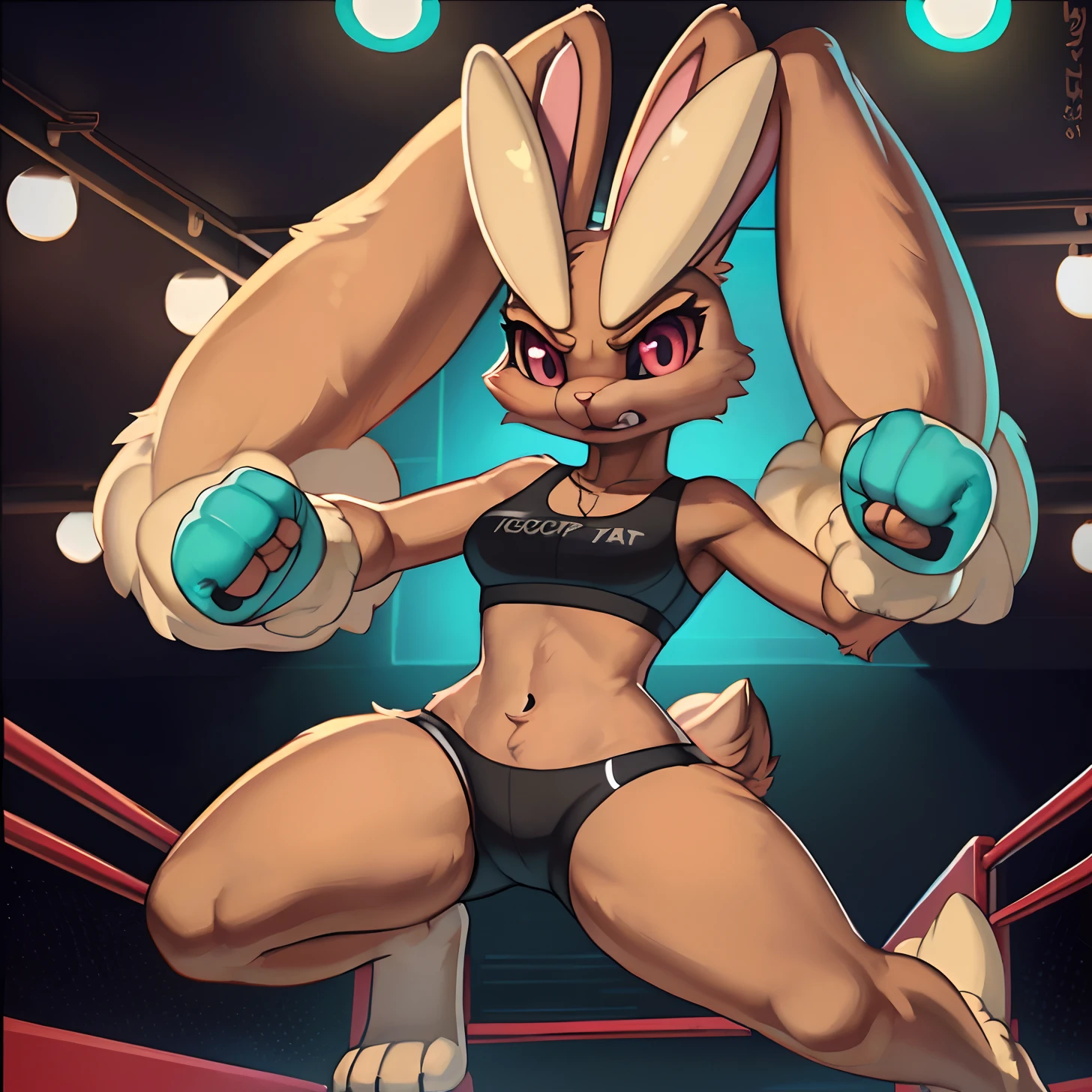 [pokemon; lopunny], [Uploaded to e621.net; (Foxovh), (Pixelsketcher), (mayosplash)], ((masterpiece)), ((HD)), ((High Quality)), ((solo portrait)), ((full body)), ((front view)), ((feet visible)), ((furry; anthro lop bunny girl)), ((detailed fur)), ((cel shading)), ((detailed shading)), ((beautiful render art)), {(anthro pokemon; lopunny, brown fur, (long floppy bunny ears), (ears down back like hair), (small fluffy beige rabbit tail), (beige fur on feet), (angry), (long beige fluffy eyebrows), gorgeous hips}, {(teal sports bra), (black spandex shorts teal lining), (teal martial arts gloves)}, {(muay tai stance), (ball-up fist), (knee raised), (looking ahead)}, [background; (mma ring), (ceiling lights), (ambient lighting)]