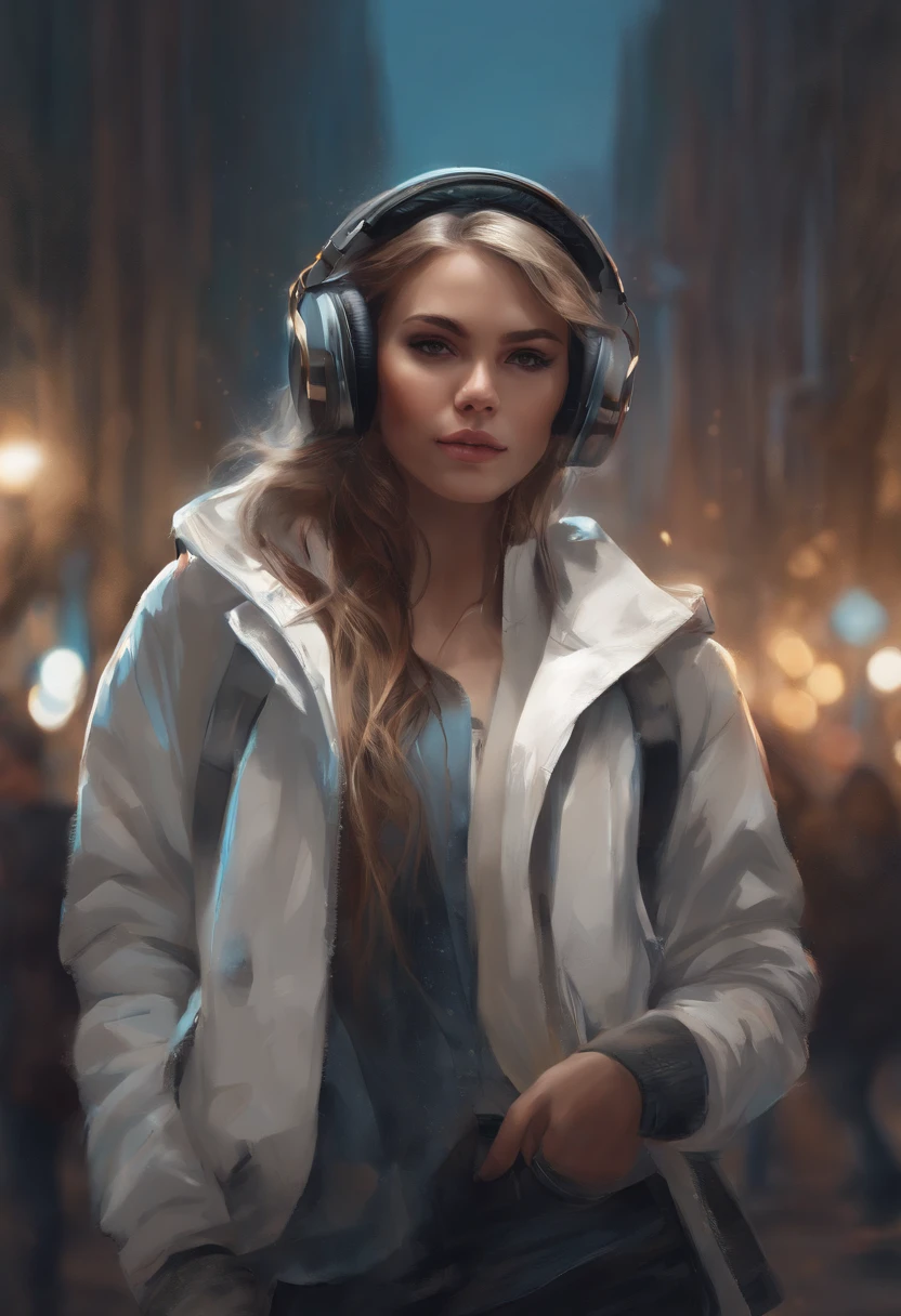 Perfect centering, A cute kitten all over, Wear a student jacket, Wearing sunglasses, Wearing headphones, Standing position, Abstract beauty, Centered, Looking at the camera, Facing the camera, nearing perfection, Dynamic, Moonlight, Highly detailed, Digital painting, art stations, concept-art, smooth, Sharp focus, 8K, high definition resolution, illustration, Art by Carne Griffiths and Wadim Kashin, White background