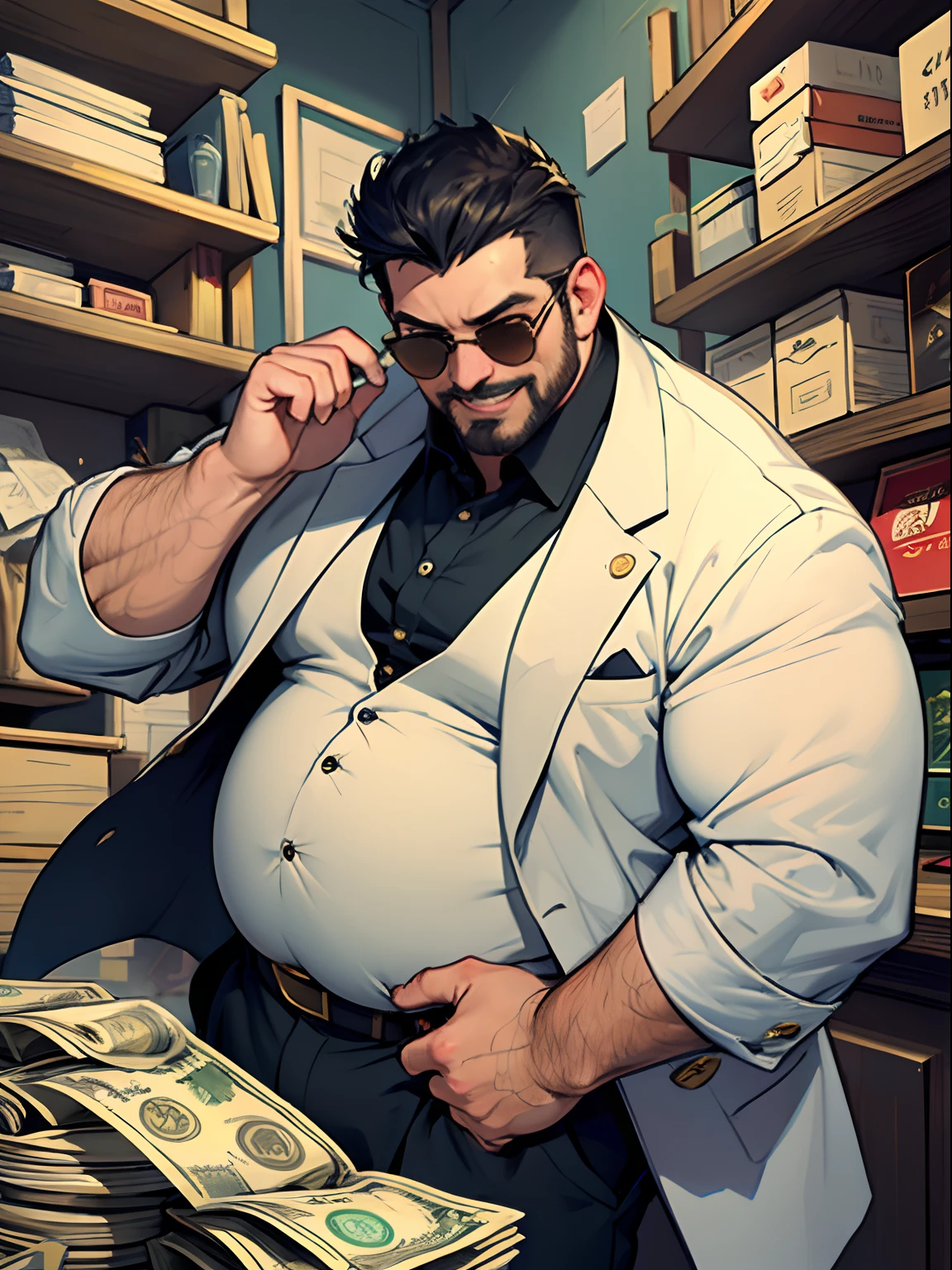 masterpiece,top-quality,Day Trader Man,The man who made a lot of money overnight,Fat,Fat Man,A dark-haired,Short legend,mustache,Wear sunglasses,I have a big stomach,Face is large,Guts Pose,a smile,Open your mouth and laugh,Sweating,Flying banknotes,Flying Coins,Gold and silver treasures,spot light,