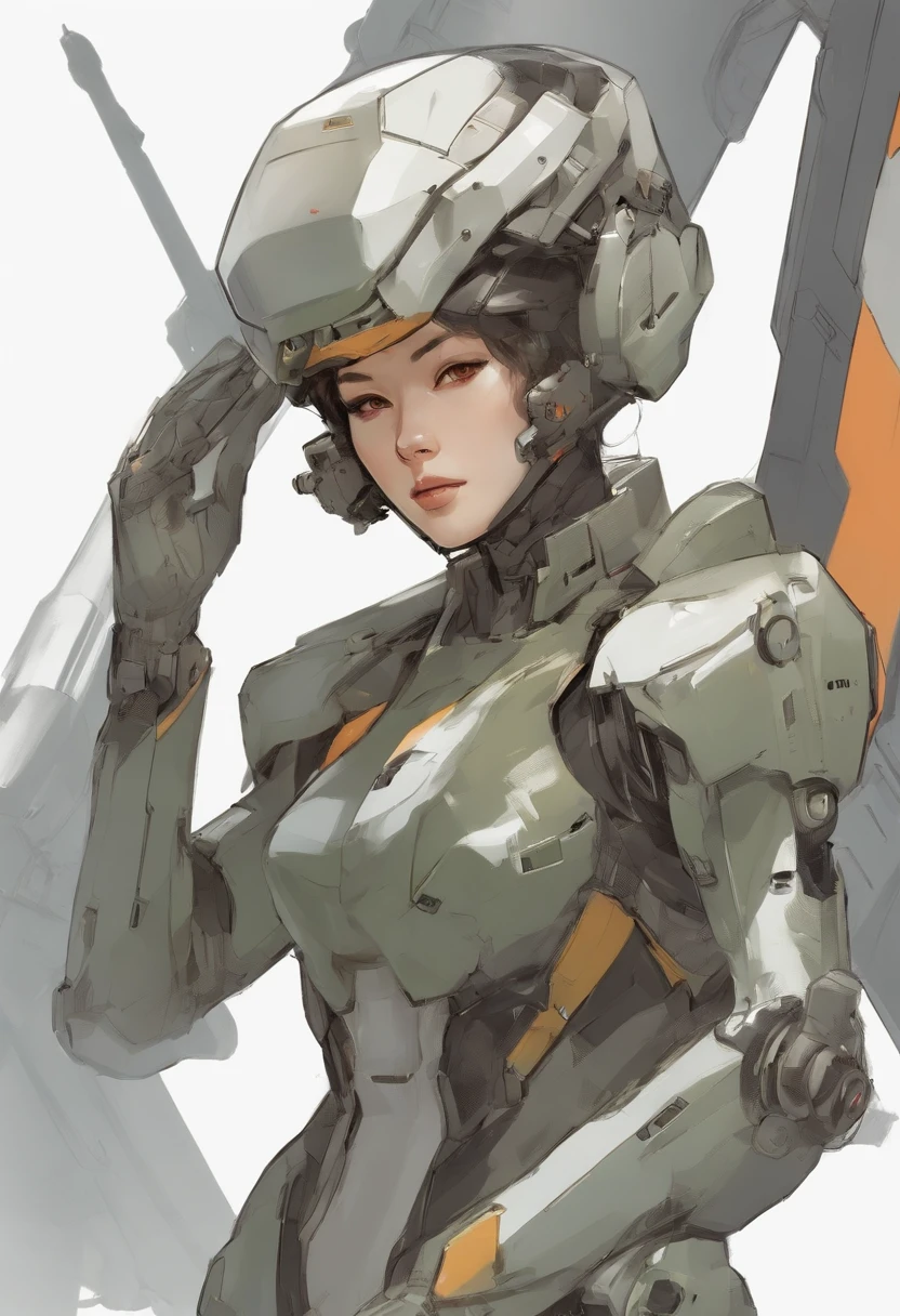 mecha pilot female, short hair, close up character design, multiple concept designs, concept design sheet, white background, style of Yoji Shinkawa --s 750 --niji 5