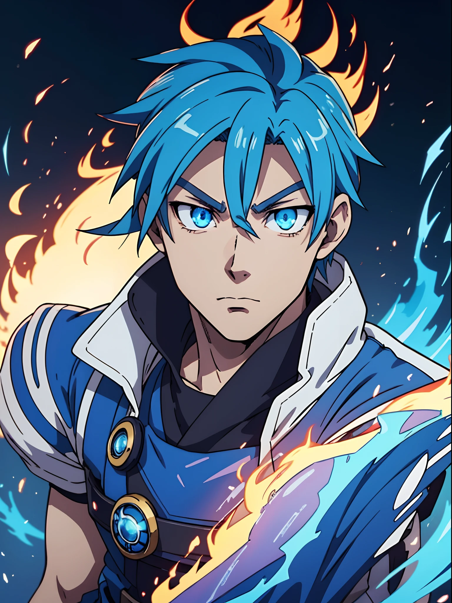anime character with blue flames on his head, blue fire powers, tall anime guy with blue eyes, anime boy, epic anime style, blue fire!, blue fire everywhere, blue fire, with glowing eyes, blue glowing eyes, with glowing blue lights, blue flame, magic blue fire, in an anime style, pin on anime, in anime style, style anime, anime picture