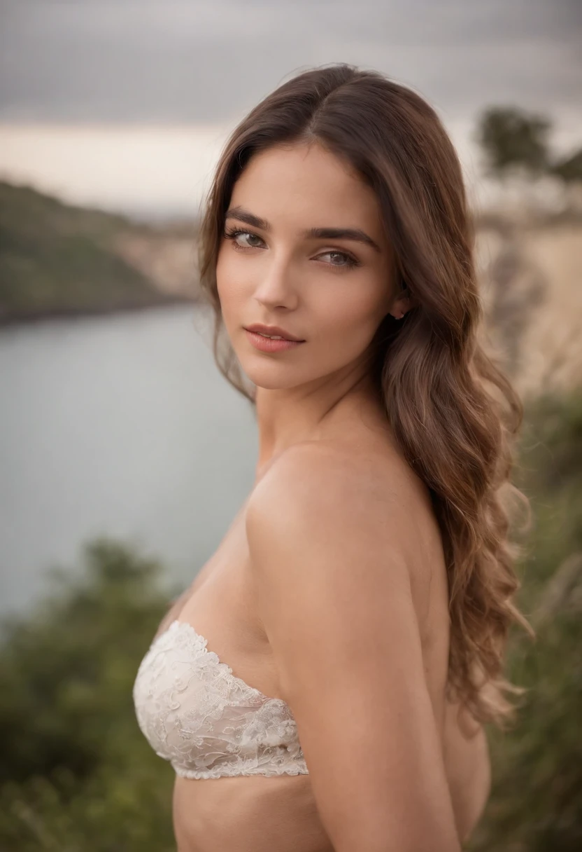 mulher sexy, 20 anos, esguio, atletic, pele bronzeada brilhante, Seios enormes, cintura fina, cabelos loiros cacheados, lingerie branca, Realistic, fotografia, real, natural