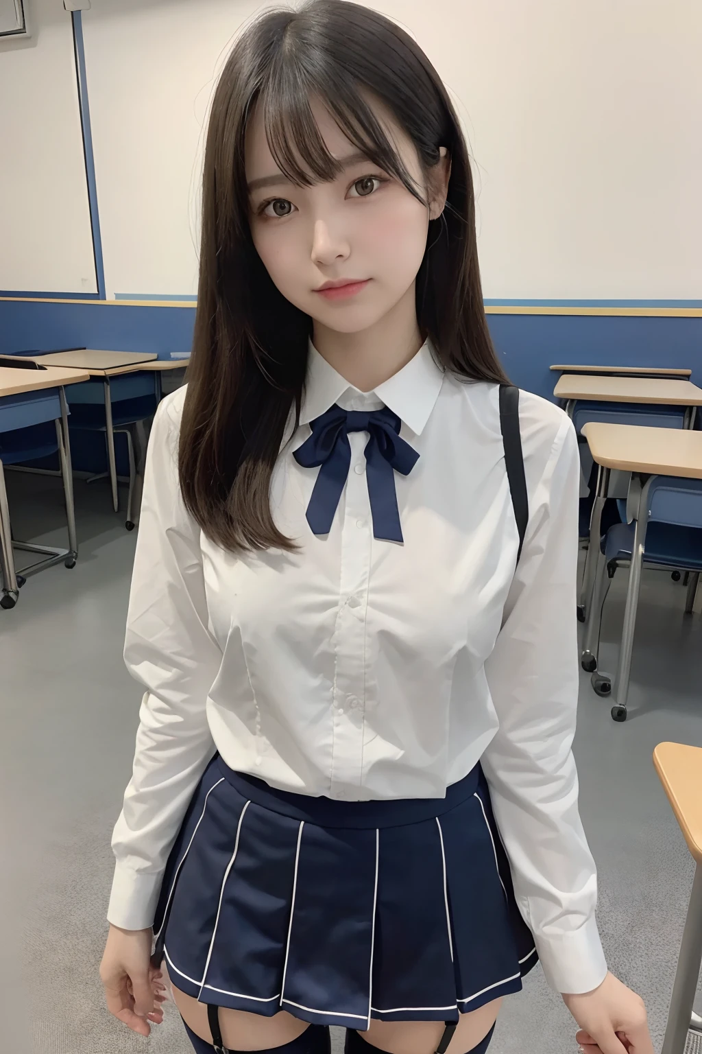 (best quality,highres,masterpiece:1.2),ultra-detailed,realistic:1.37,colourful,flat colour,depth of field,lens flare,1 girl,dark hair,at viewer,schoolgirl,classroom,mini skirt,detailed skin texture,detailed fabric texture,beautiful detailed face,30-year-old beauty,mature atmosphere,sheer pubic hair, garter belts,stockings,standing,staring,knee-high socks