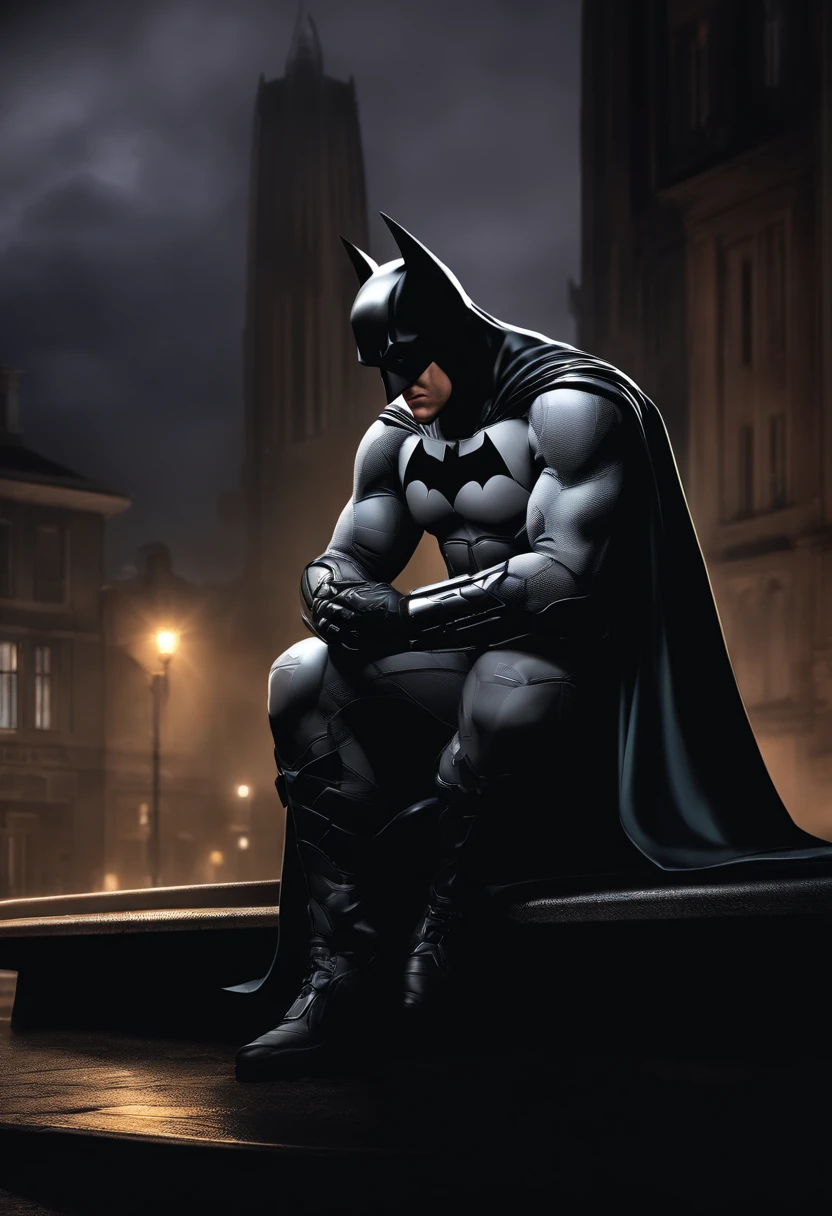 a sad Batman sitting on a bench,illustration,dark and moody,nighttime scene,detailed face,cape flowing in the wind,gloomy atmosphere,gloomy lighting,cityscape in the background,urban setting,vivid colors,physically-based rendering,HDR,ultra-detailed,sharp focus,portraits