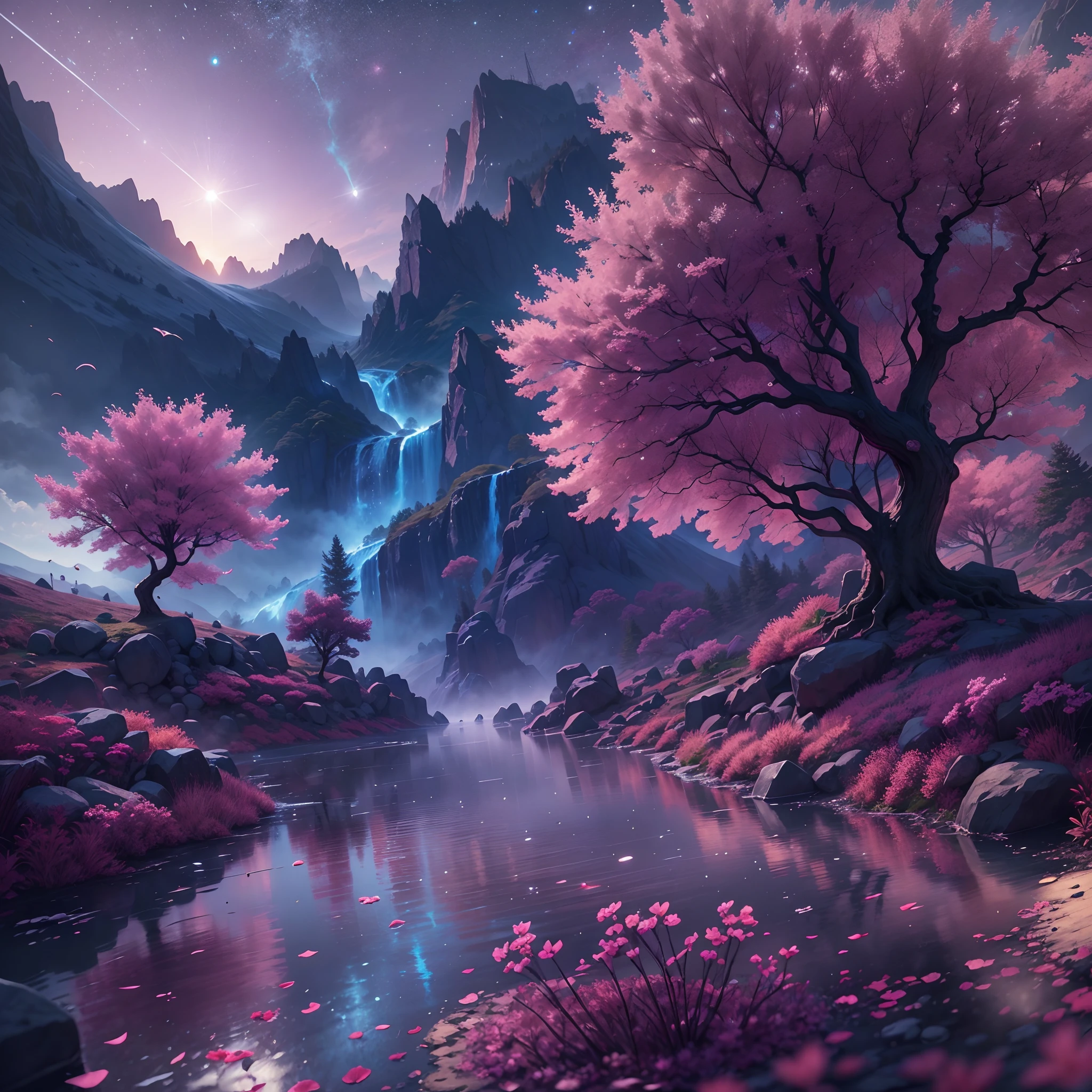 （HighestQuali，astonishing detail：1.25），mont，（Mist：0.9），（waterfallr：0.8），（the cherry trees：1.3），（cinematic compositions：1.3），（dream magical：1.3），hoang lap，Blue Flame，Plasma，Particle effect，Crystal clear texture，Vibrant colors,（Skysky），the space，starrysky,Skysky，galaxias，depth of fields，Light，Reallightandshadow，diffused reflections，