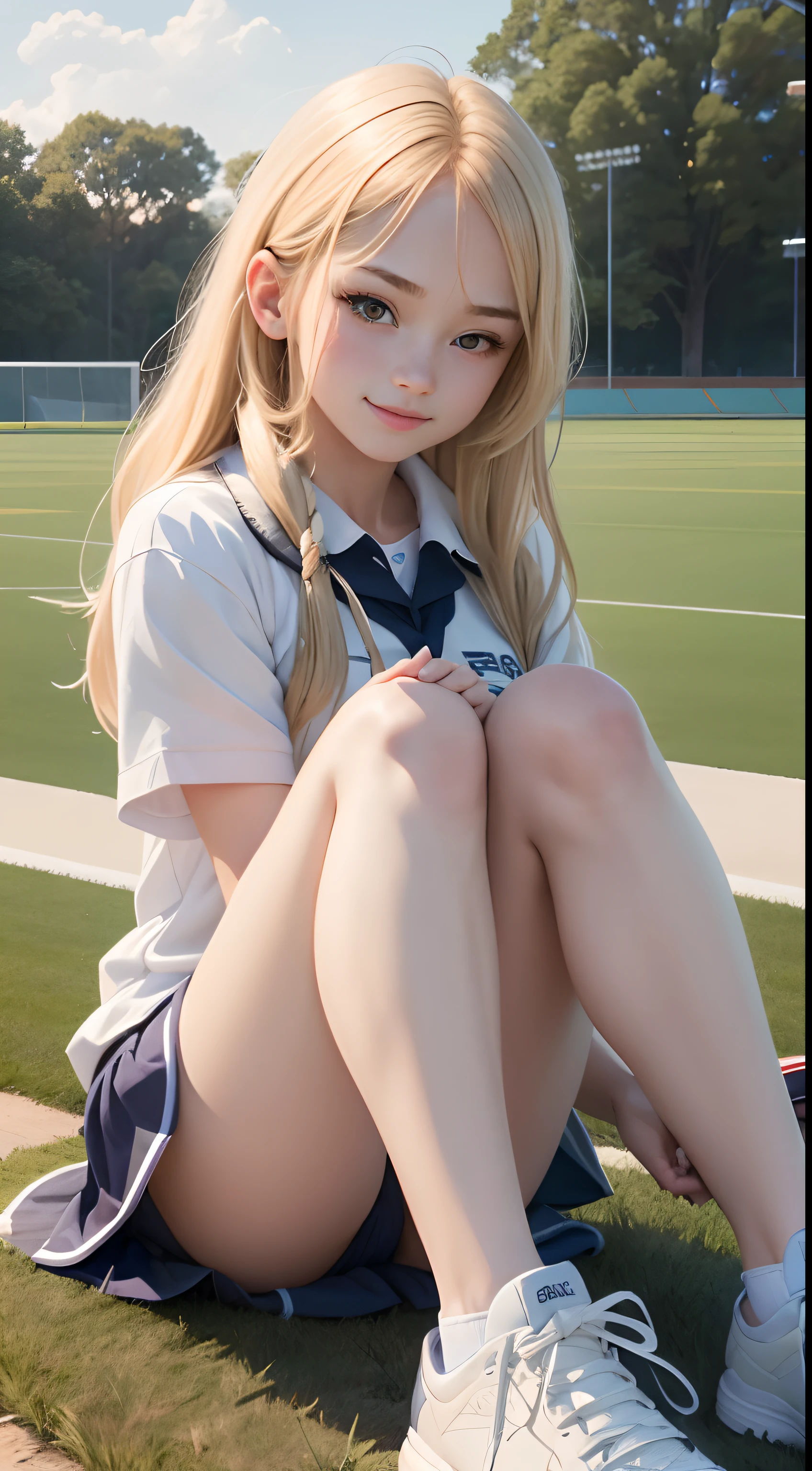 1girl in、Top image quality、Young Adult Women、hposing Gravure Idol、a blond、blue eyes、Practice field in the background、lacrosse、Lacrosse uniforms、Buruma、sneakers、A slender、realisticlying、ren、A slight smil、Be sure to draw your face、Correctly depict the structure of the human body、