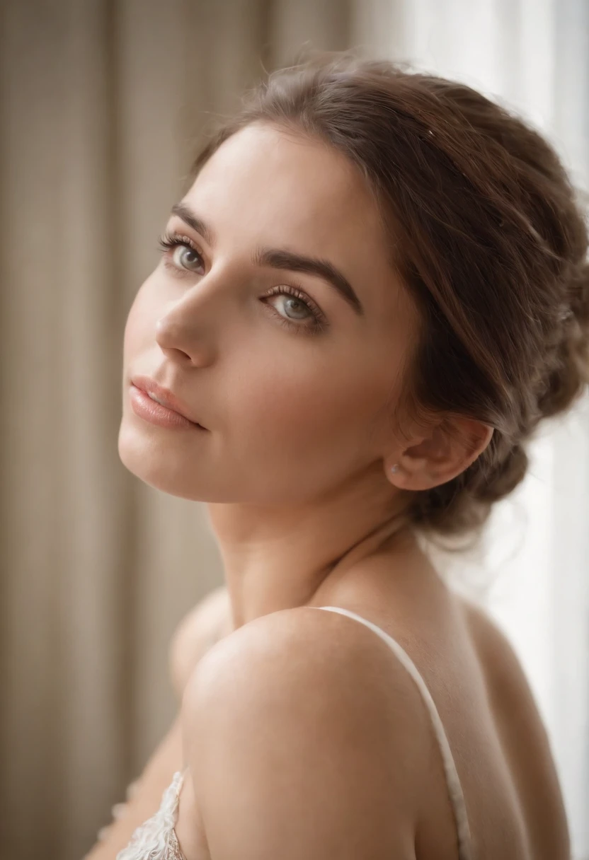 Create a portrait of a magnificent, resplendent woman, the most beautiful woman of all time. The details of her features make her attractive and captivating. Her hair is partially colored. Her skin is perfect, and it's impossible to look away.