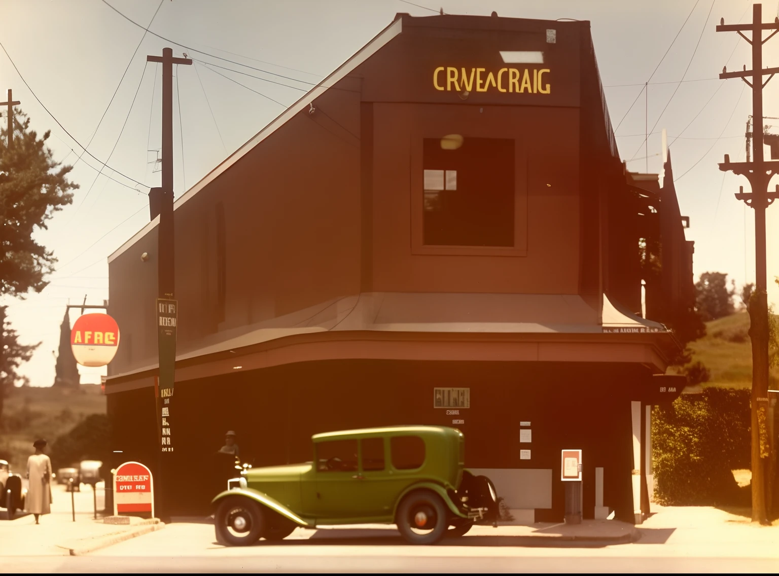 A colorful picture of old car parked outside of a service station, 1930 photo, 1 9 3 8 photo, photo taken in 1 9 3 0, 1920s picture, old photo from the 1930s, 1 9 4 8 photo, historic photo, 1930s photograph