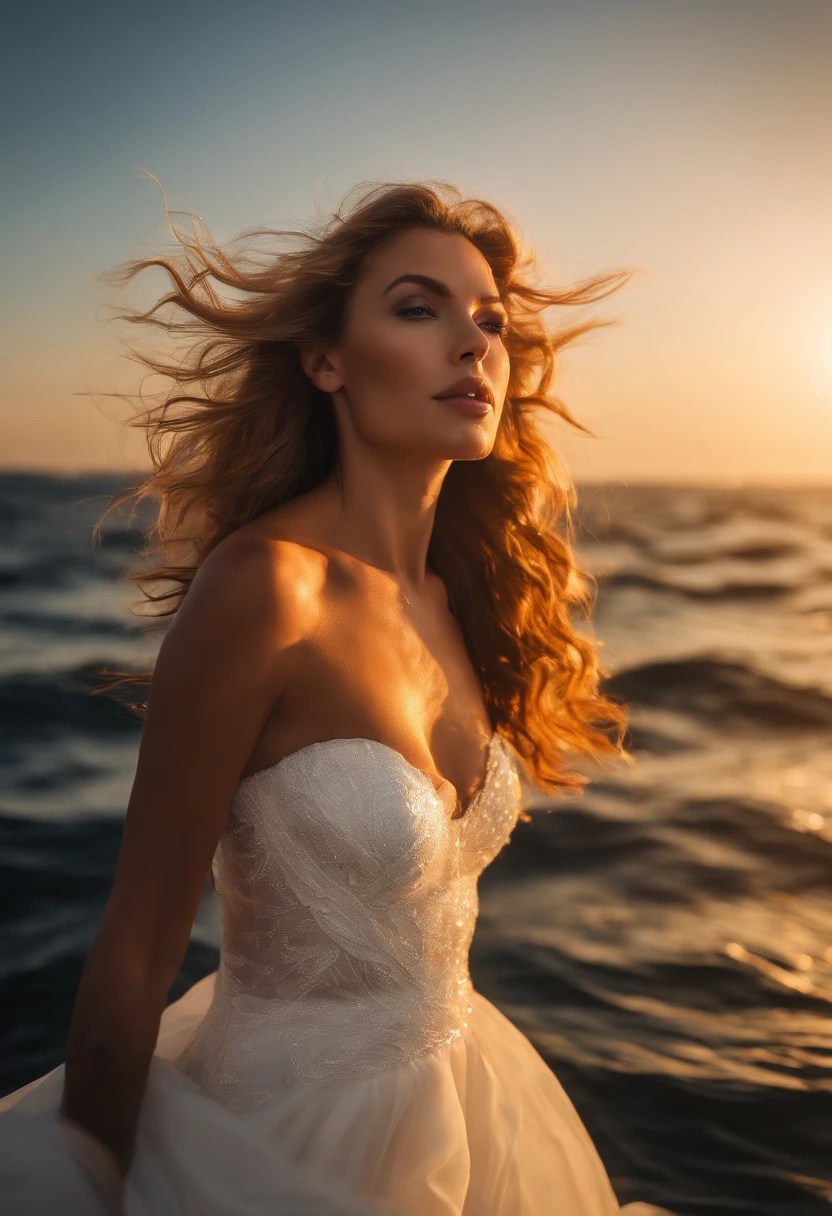 close up head shot of Tay Swift in a white floating dress in the middle of the open sea at sunset. She looks fierce and her face is looking peaceful, there's a sun light lens flare that goes between her arms and there are lots of golden chrome butterflies spinning in fast motion blur around her, some laying on her skin, her hands are up in her head, upside view fish eye lens,