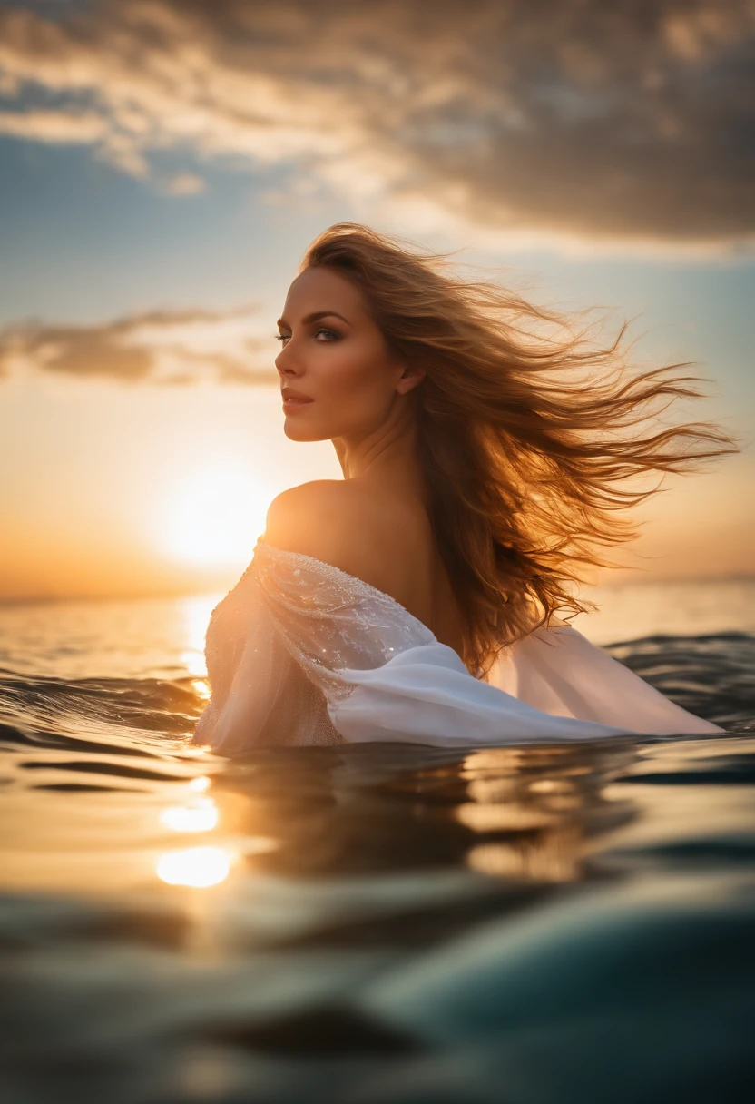 close up head shot of Tay Swift in a white floating dress in the middle of the open sea at sunset. She looks fierce and her face is looking peaceful, there's a sun light lens flare that goes between her arms and there are lots of golden chrome butterflies spinning in fast motion blur around her, some laying on her skin, her hands are up in her head, upside view fish eye lens,