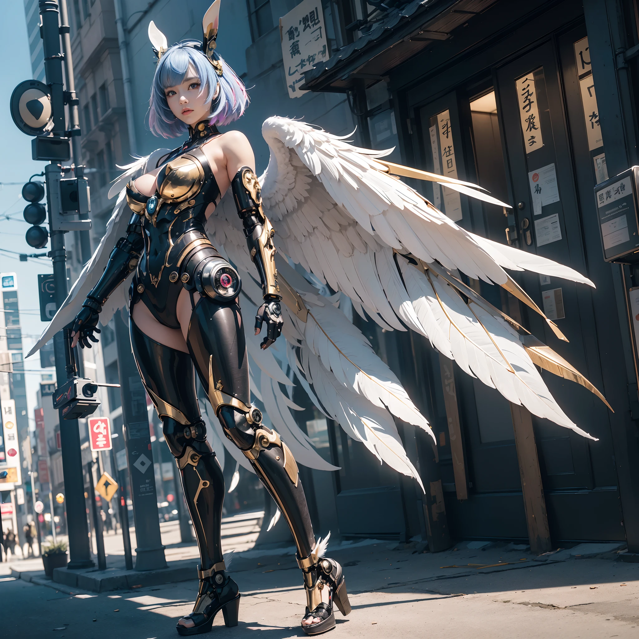 wide wide shot,(Best quality,Masterpiece:1.2),(A cyborg),(独奏:1.3),Rabbit ears,Colored hair,(She has a pair of huge feathered wings behind her shoulders),gold,perfectly proportions,(Metal mechanical limbs),(Footwear),Slim,Shiny metal。(Facing the lens,Central symmetry),standing on your feet,(futuristic street),Vibrant colors,The lighting is dramatic, Bright areas contrast strongly with deep shadows, creating a sense of depth and dimension. The overall composition is vibrant and captivating, Grace, There is also a touch of mystery.