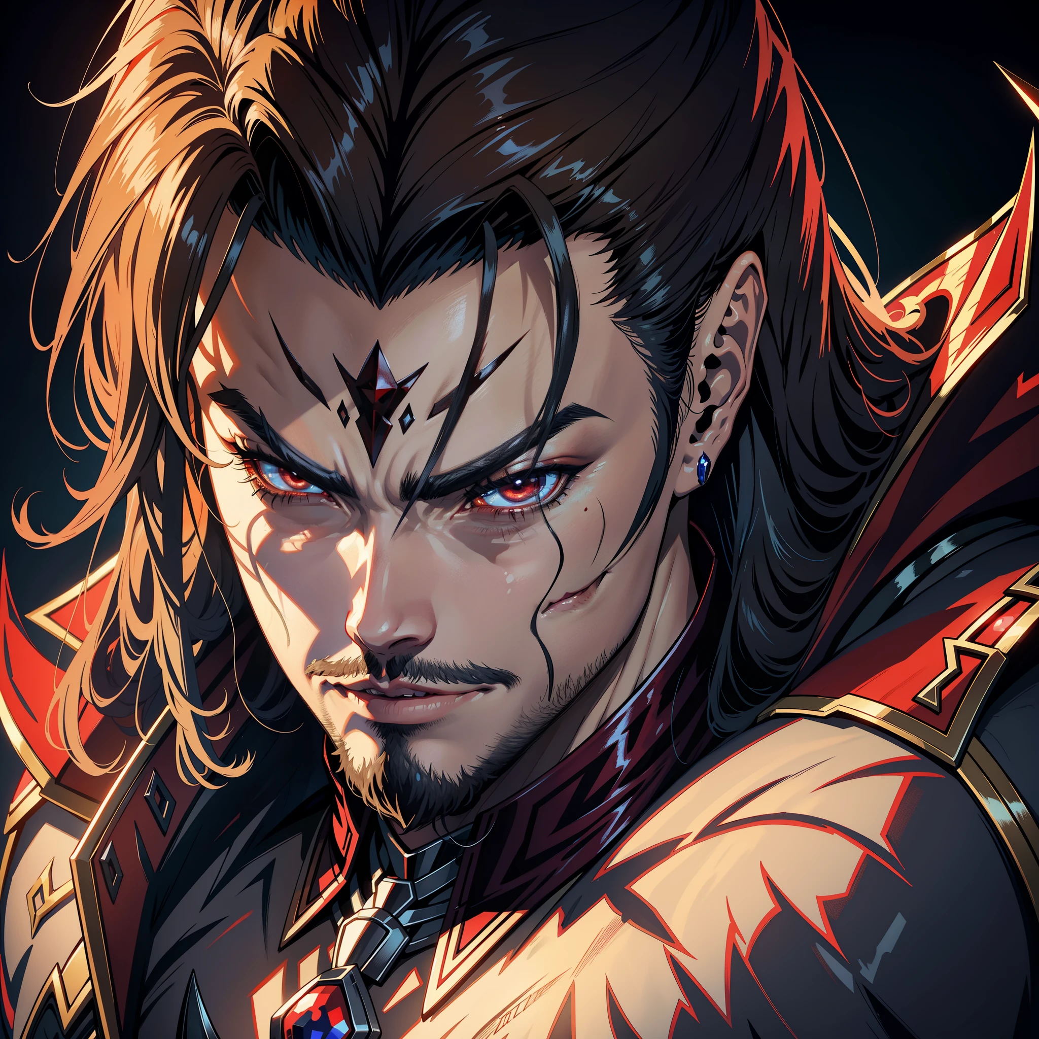 Castlevania Shadow Lord hyper realistic super detailed face portrait of Handsome muscular lord fierce dracula look crystal bright red beautiful face portrait face handsomely male