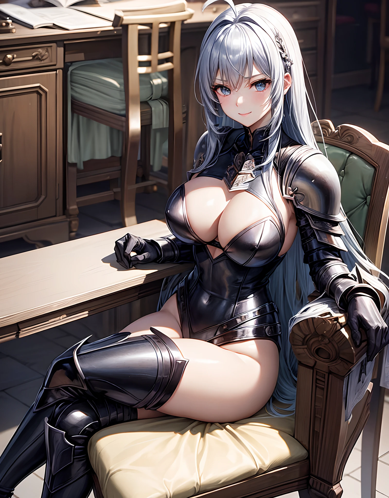 Woman knight、a beauty girl、huge tit、Excellent style、Nice Buddy、glamorous、Black leotard armor、Bra Armor、gauntlets、greave、hair adornments、silber hair、Longhaire、Ahoge、inside in room、desk、a chair、Sitting on a chair、legs crossed、Gentle smile