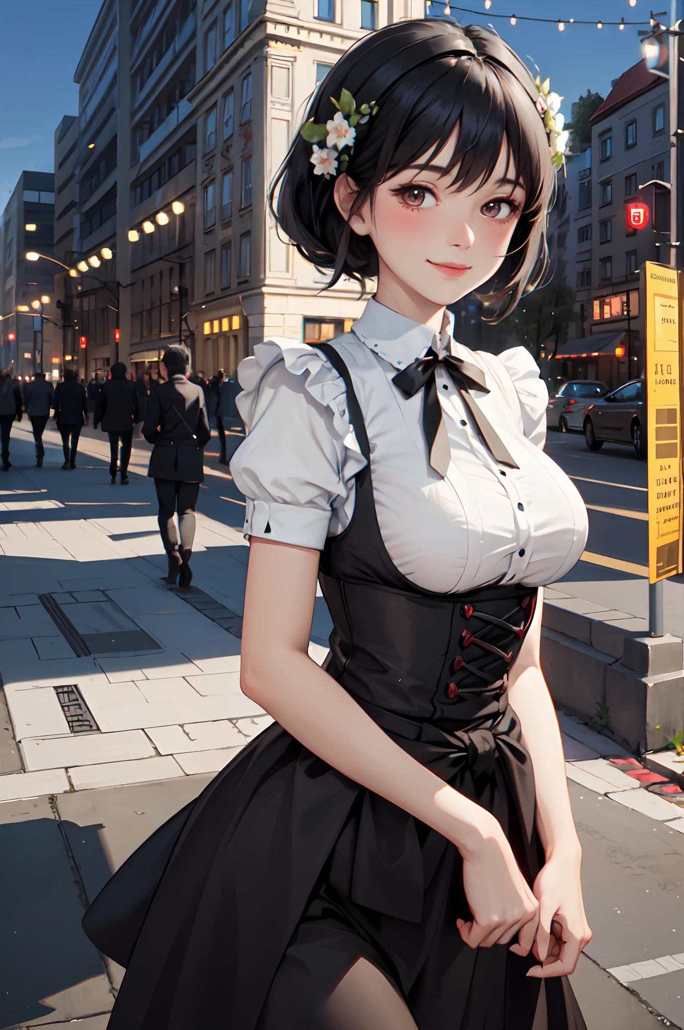 1lady solo, dirndl, mature female, /(black hair/) bangs, blush kind smile, (masterpiece best quality:1.2) delicate illustration ultra-detailed, large breasts BREAK /(streets of Berlin/) night