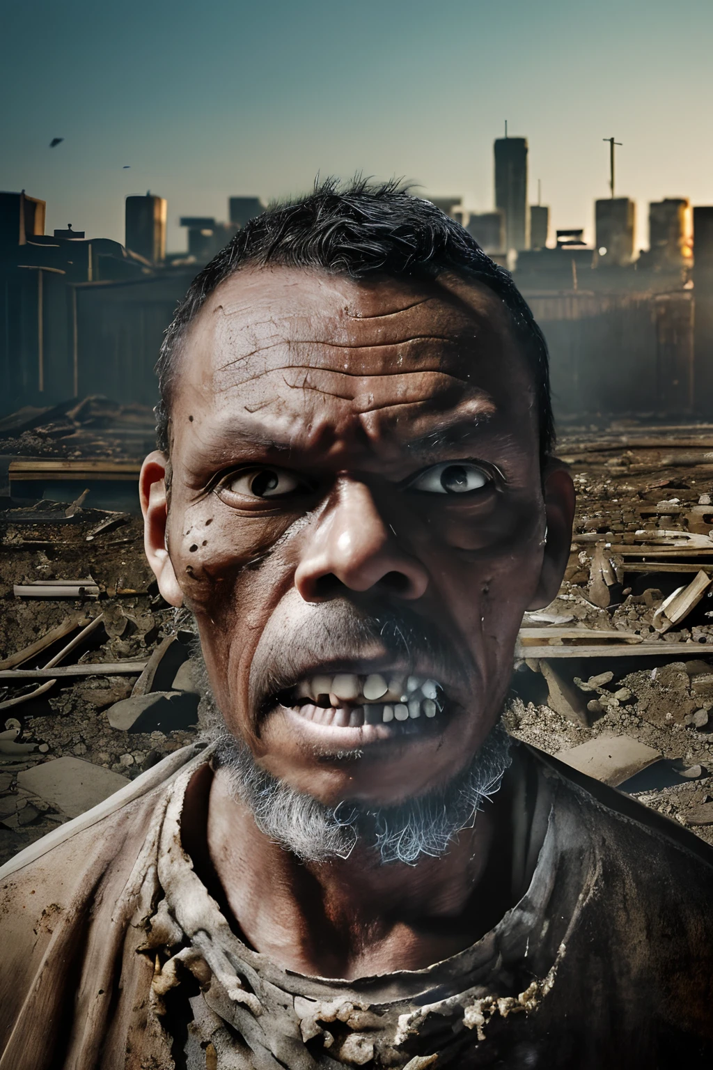 guttonerdvision10, prompt in English:

A detailed portrait of a zombie in the style of The Walking Dead. The focus is on the rotting face, with attention to the skin, teeth, and eyes. The body is also depicted in detail, with exposed bones and flesh. The clothes are torn and bloody. The background is a post-apocalyptic cityscape, with a blurry focus to create a sense of depth.